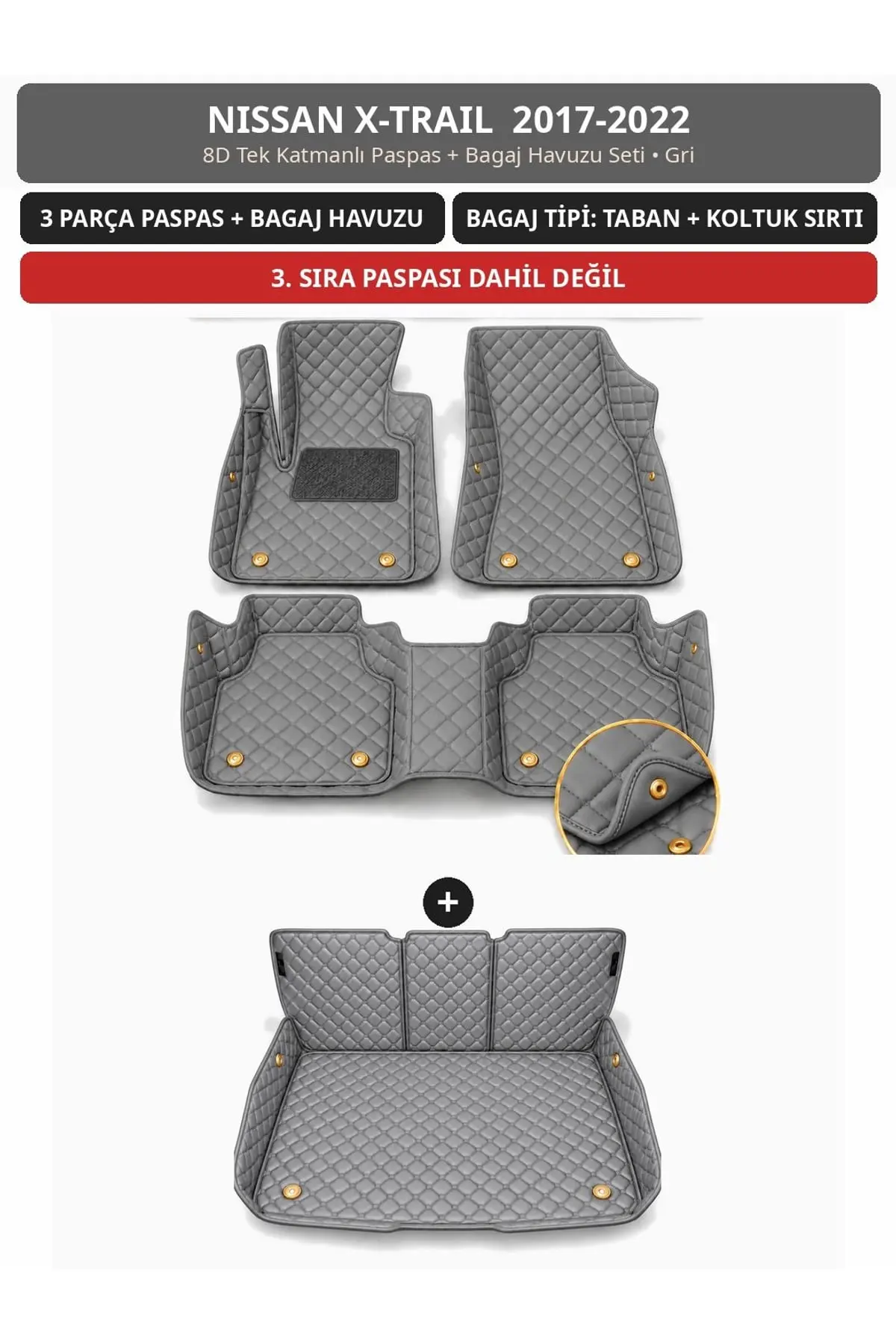 Nissan X-Trail 2017-2022 8D Tek Katmanlı Paspas + Bagaj Havuzu Seti Gri 1