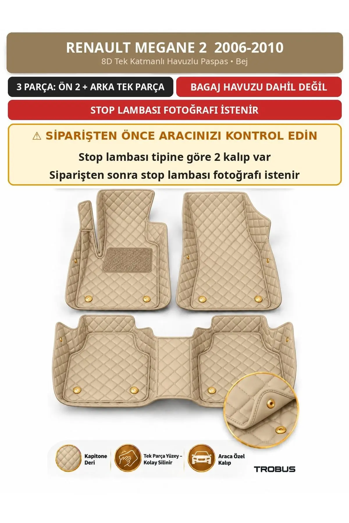 Renault Megane 2 2006-2010 8D Tek Katmanlı Havuzlu Paspas Kapitone Deri Bej 1