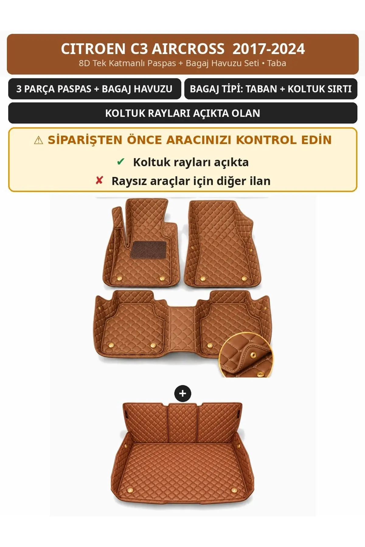 Citroen C3 Aircross 2017-2024 Koltuk Rayı Açık 8D Tek Katmanlı Paspas + Bagaj Havuzu Seti Taba 1