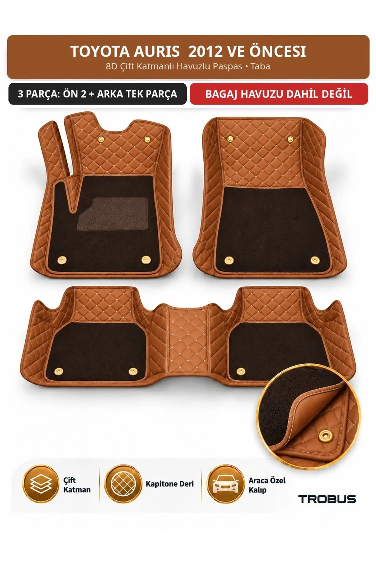 Toyota Auris 2012 Öncesi 8D Çift Katmanlı Havuzlu Paspas Kapitone Deri Taba 1