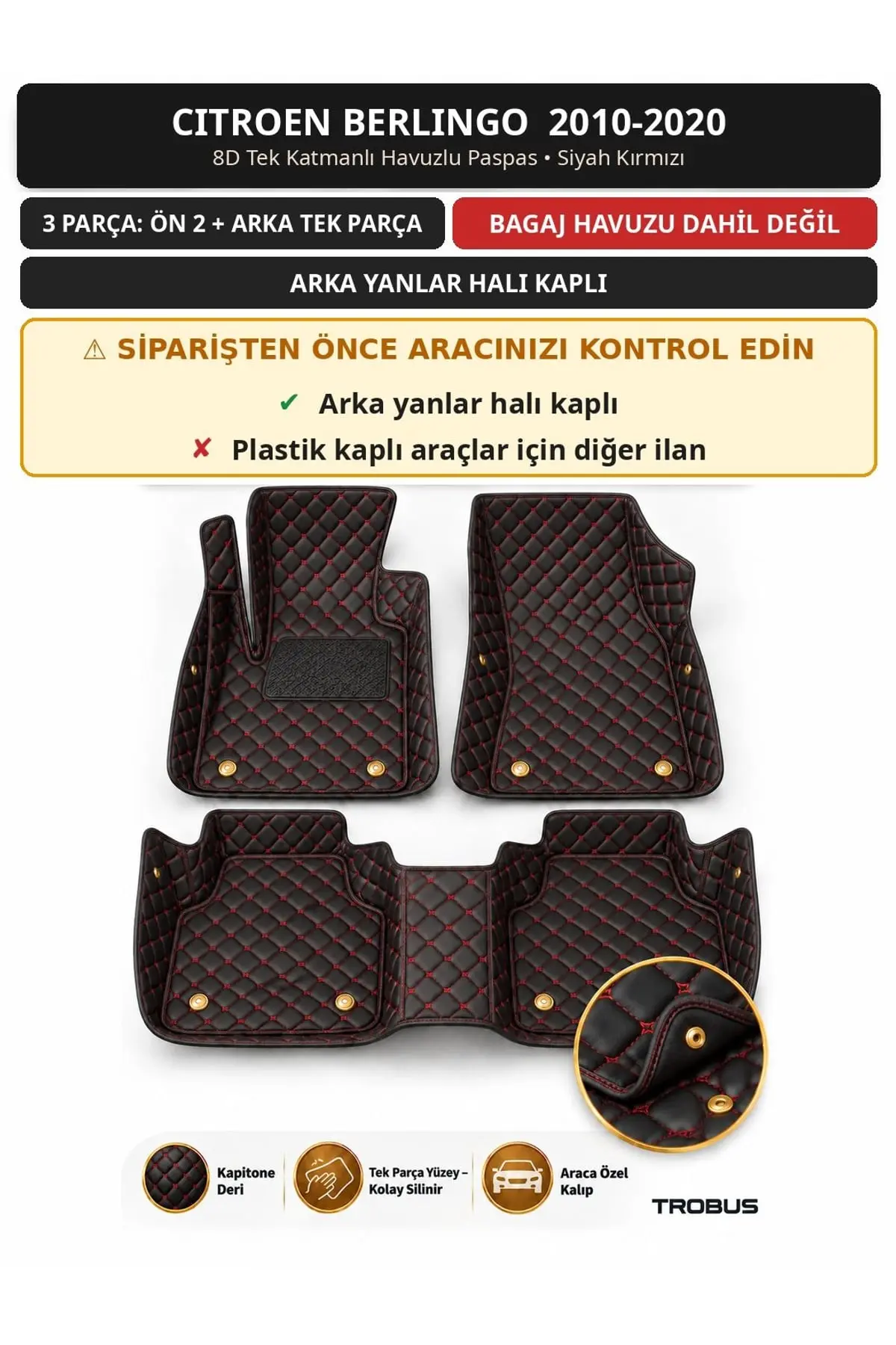Citroen Berlingo 2010-2020 Arka Yan Halı 8D Tek Katmanlı Havuzlu Paspas Deri Siyah Kırmızı 1
