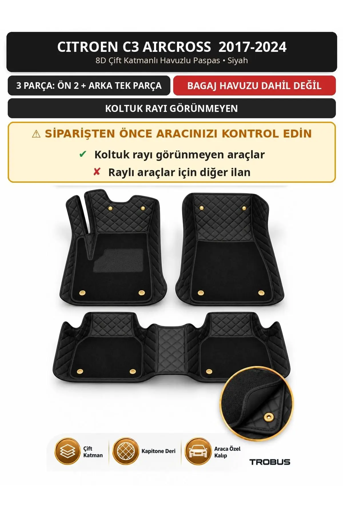 Citroen C3 Aircross 2017-2024 Koltuk Rayı Kapalı 8D Çift Katmanlı Havuzlu Paspas Deri Siyah 1