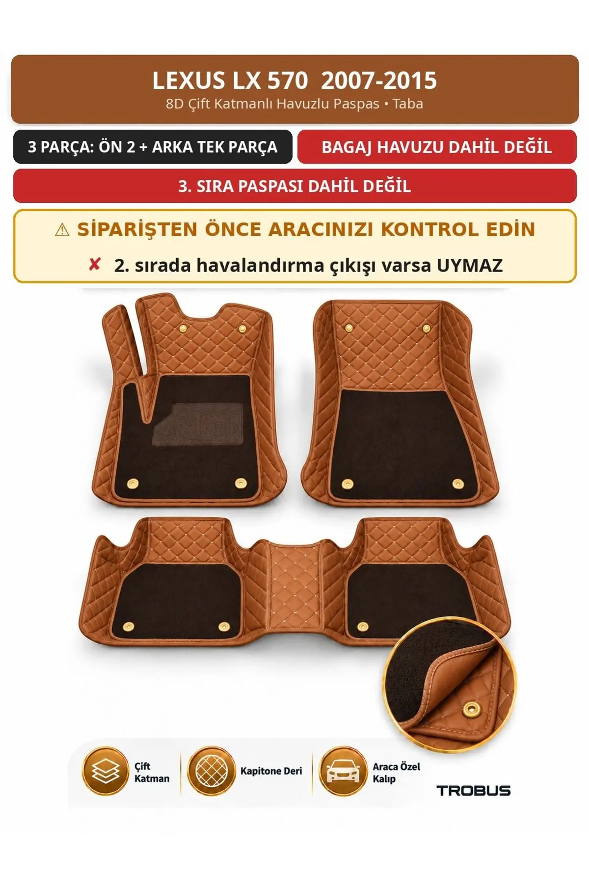 Lexus LX 570 2007-2015 8D Çift Katmanlı Havuzlu Paspas Kapitone Deri Taba 1