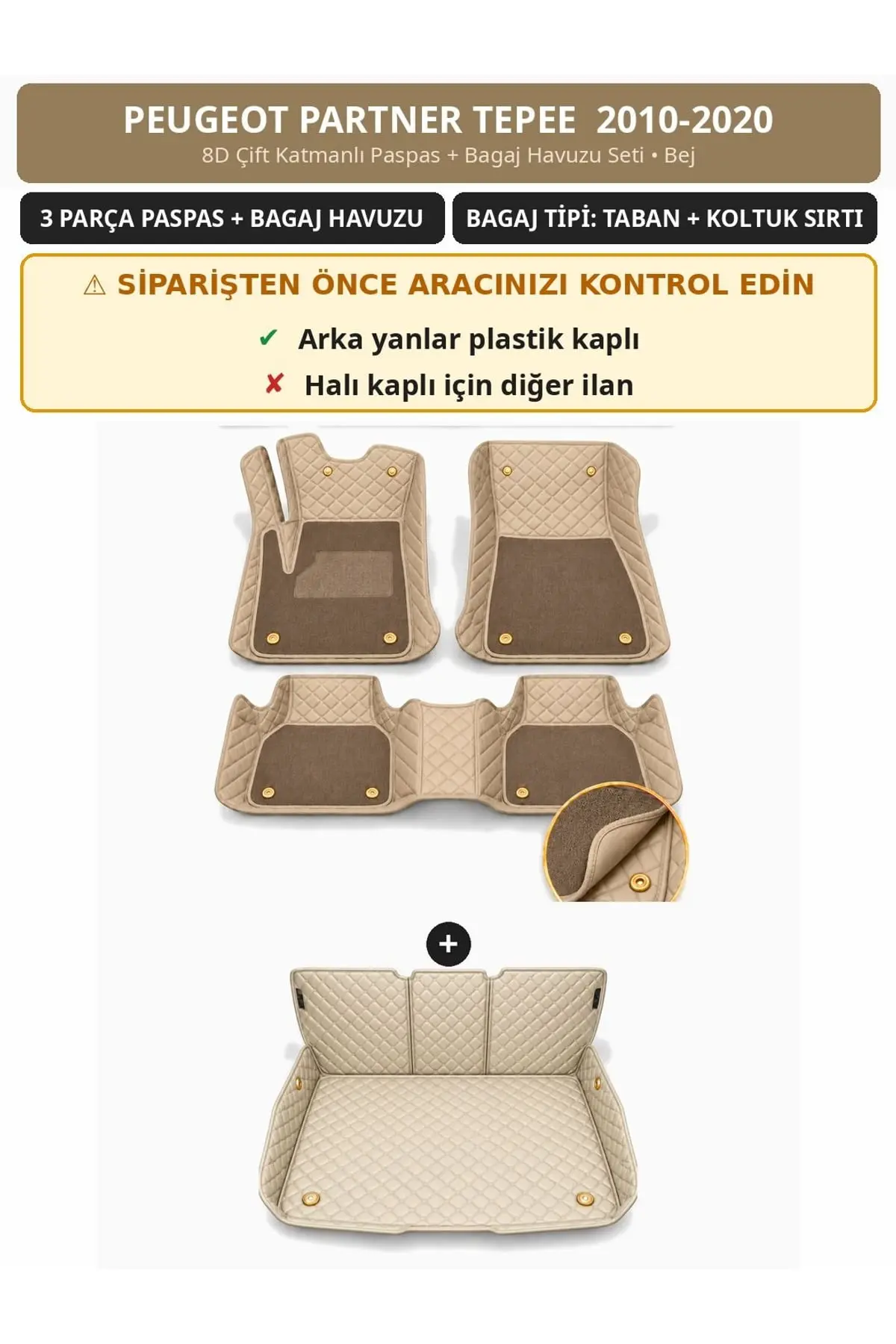 Peugeot Partner Tepee 2010-2020 Arka Yan Plastik 8D Çift Katmanlı Paspas + Bagaj Havuzu Seti Bej 1