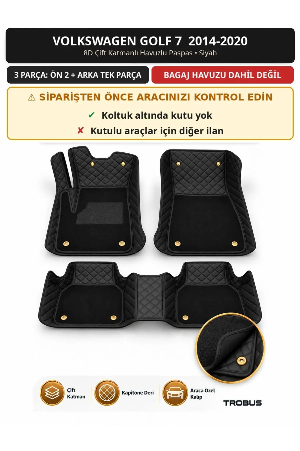 Volkswagen Golf 7 2014-2020 Kutusuz 8D Çift Katmanlı Havuzlu Paspas Kapitone Deri Siyah 1