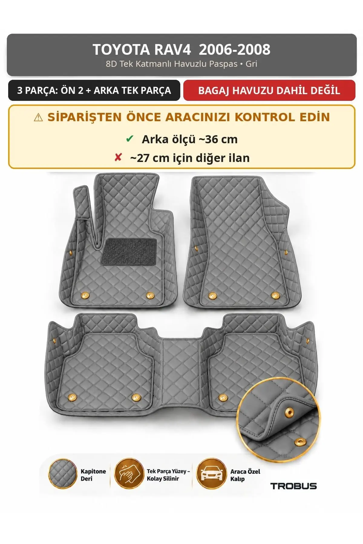 Toyota RAV4 2006-2008 36 cm 8D Tek Katmanlı Havuzlu Paspas Kapitone Deri Gri 1