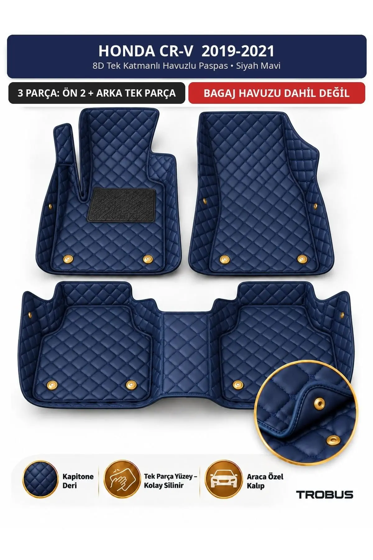 Honda CR-V 2019-2021 8D Tek Katmanlı Havuzlu Paspas Kapitone Deri Siyah Mavi 1