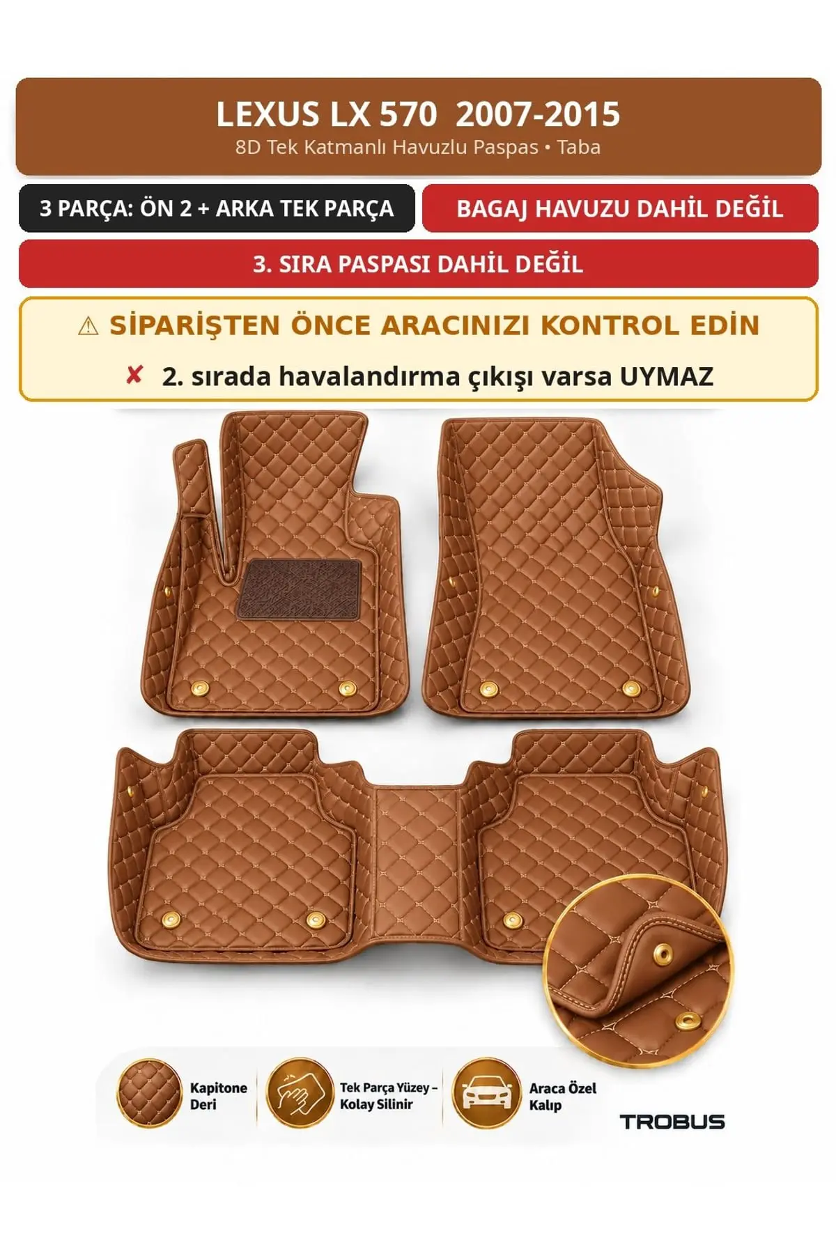 Lexus LX 570 2007-2015 8D Tek Katmanlı Havuzlu Paspas Kapitone Deri Taba 1