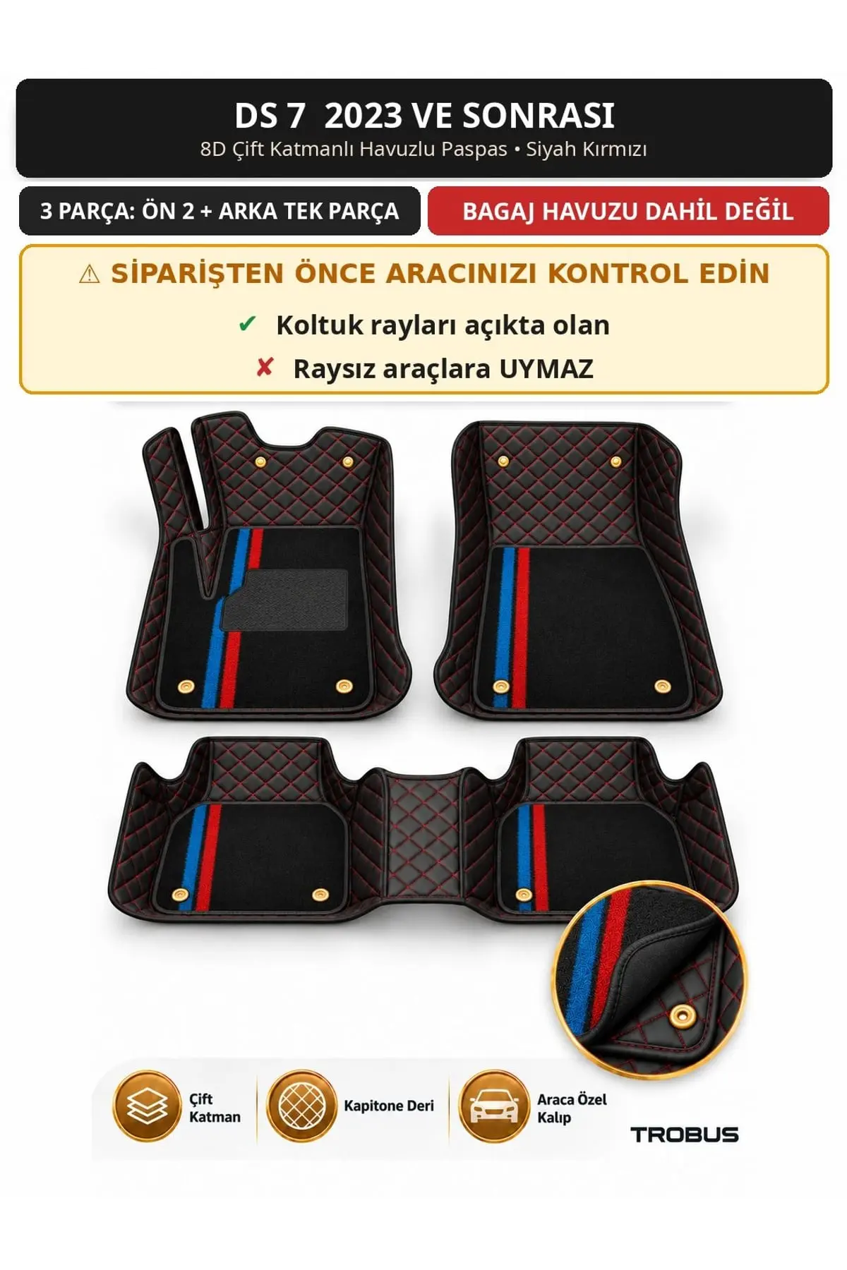 DS 7 2023+ 8D Çift Katmanlı Havuzlu Paspas Kapitone Deri Siyah Kırmızı 1