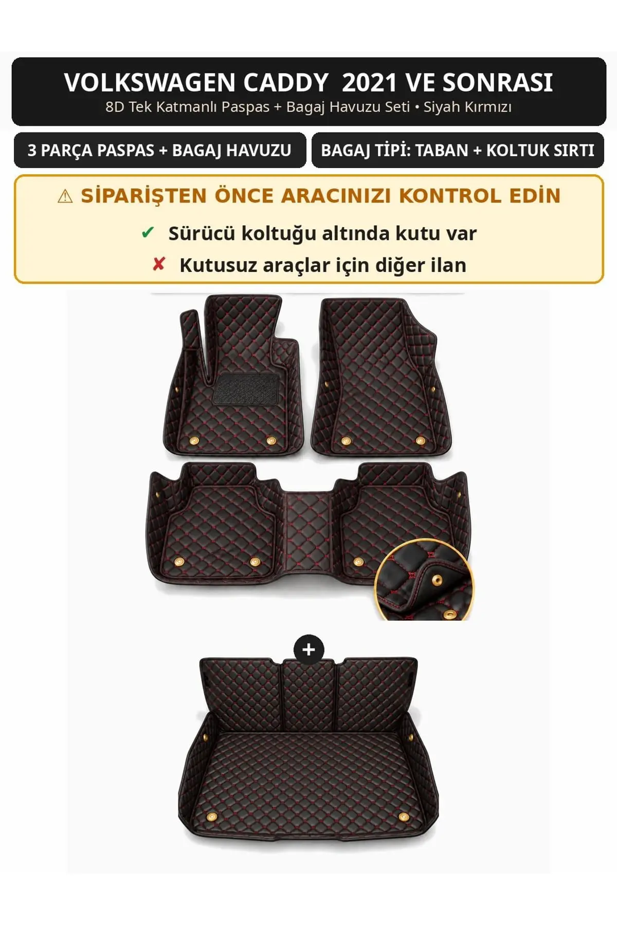 Volkswagen Caddy 2021+ Sürücü Altı Kutulu 8D Tek Katmanlı Paspas + Bagaj Havuzu Seti Siyah Kırmızı 1