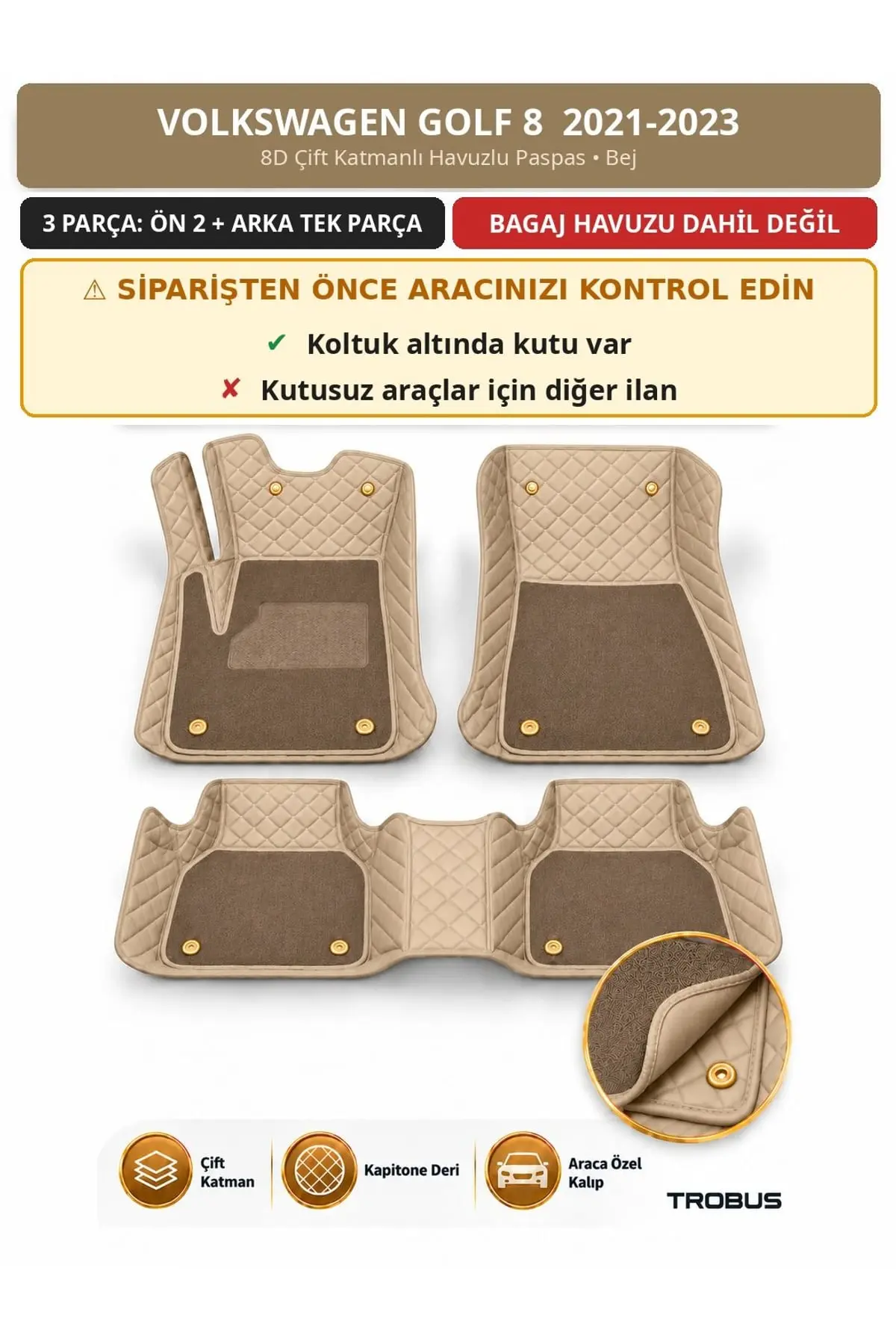 Volkswagen Golf 8 2021-2023 Koltuk Altı Kutulu 8D Çift Katmanlı Havuzlu Paspas Deri Bej 1