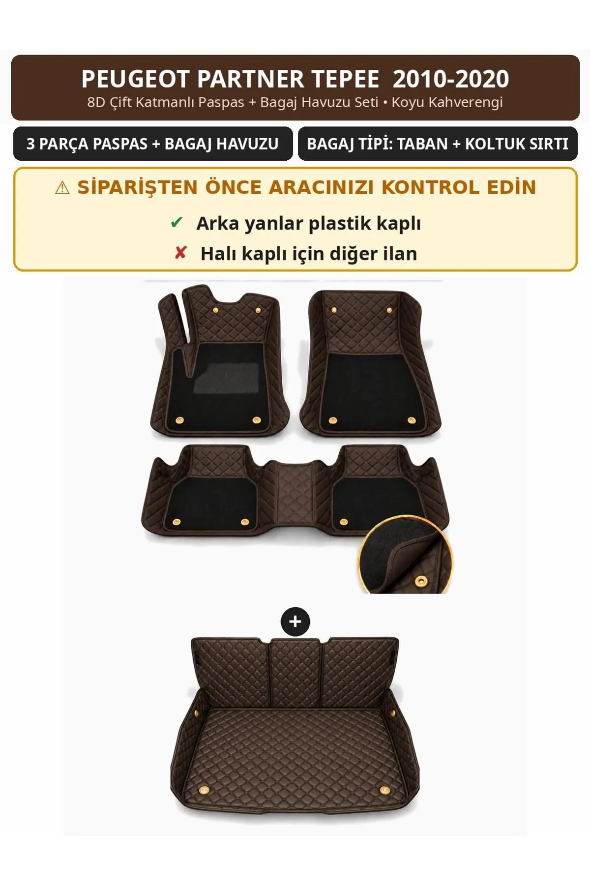 Peugeot Partner Tepee 2010-2020 Arka Yan Plastik 8D Çift Katmanlı Paspas + Bagaj Havuzu Seti Koyu Kahverengi 1