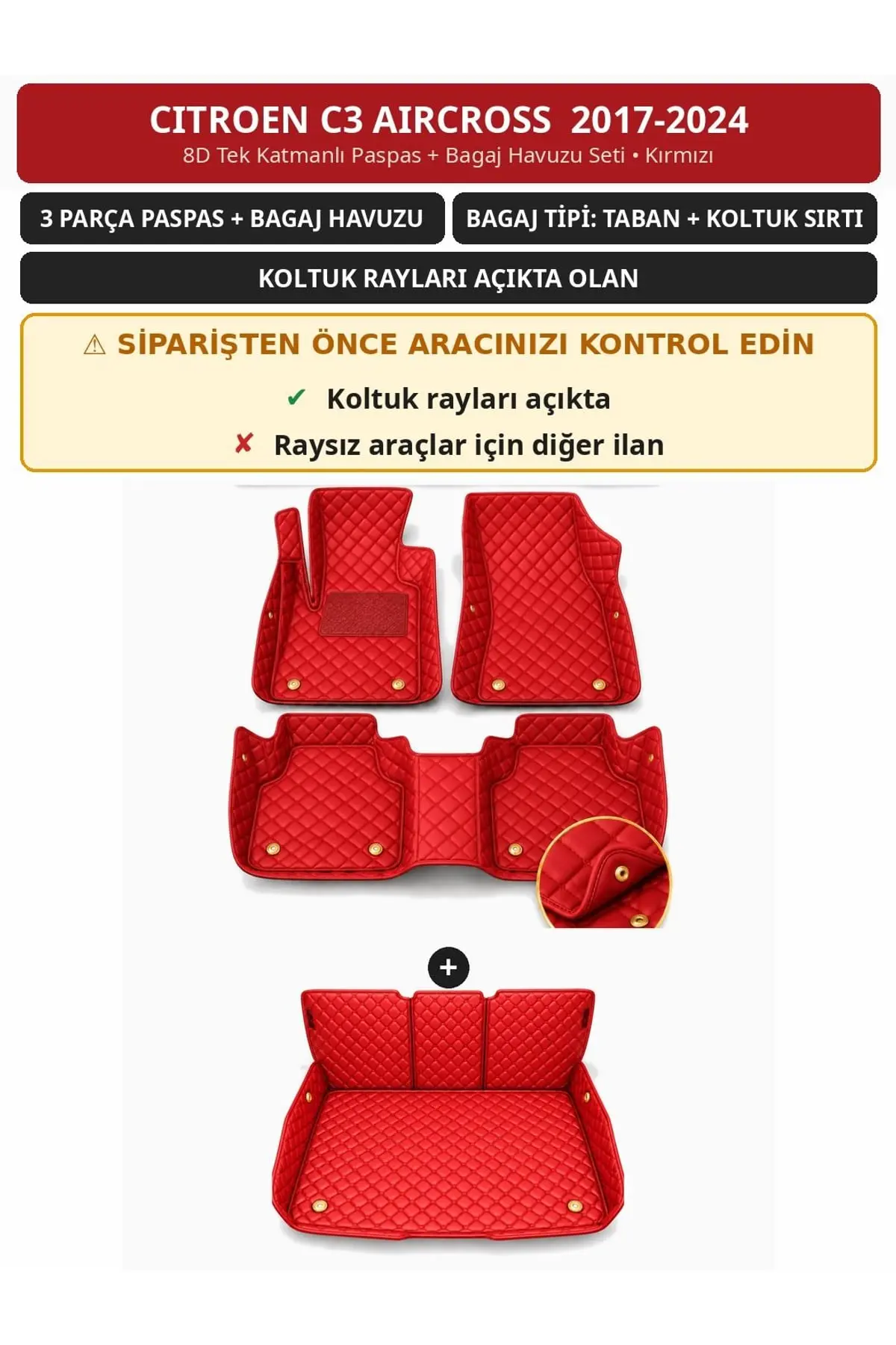 Citroen C3 Aircross 2017-2024 Koltuk Rayı Açık 8D Tek Katmanlı Paspas + Bagaj Havuzu Seti Kırmızı 1