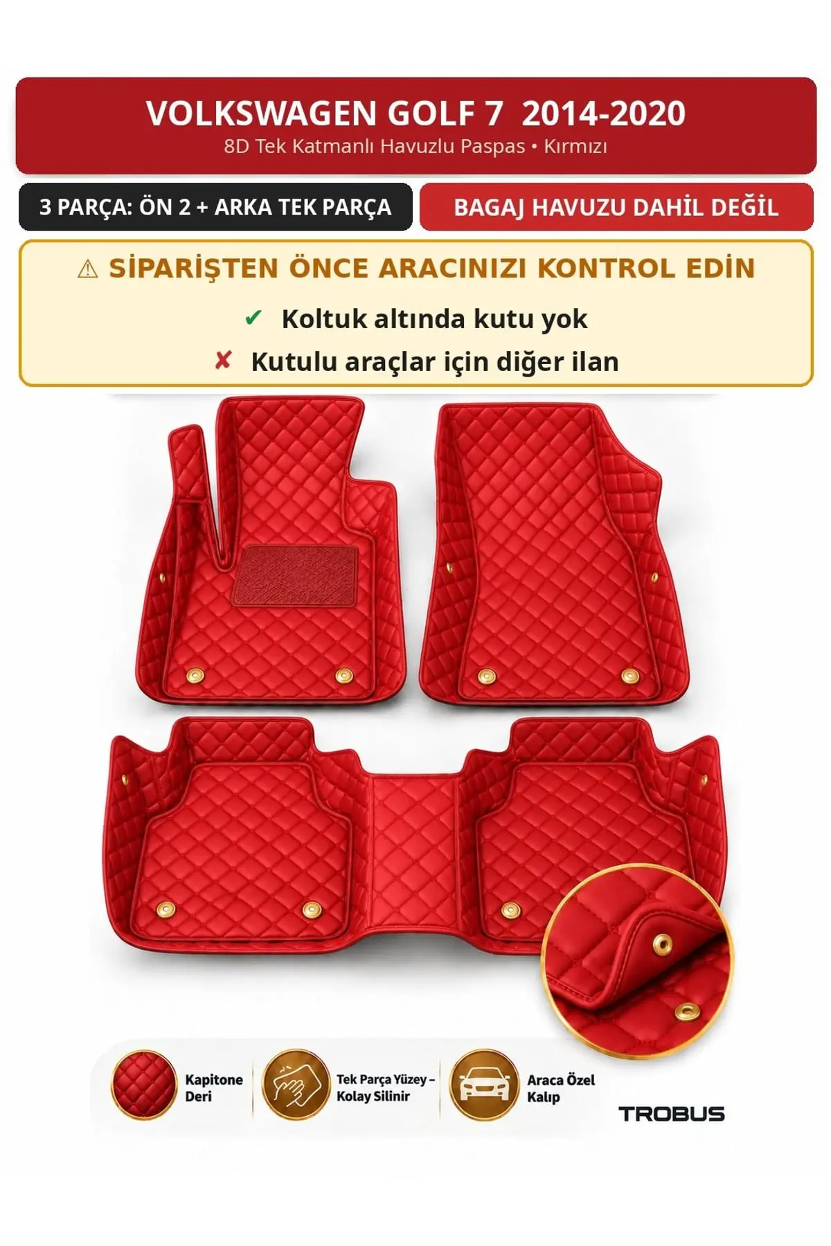 Volkswagen Golf 7 2014-2020 Kutusuz 8D Tek Katmanlı Havuzlu Paspas Kapitone Deri Kırmızı 1