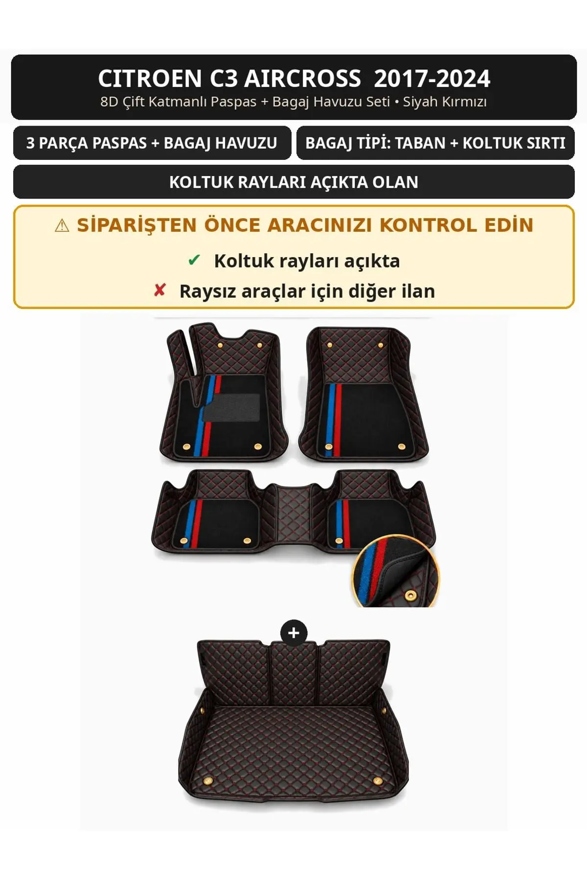 Citroen C3 Aircross 2017-2024 Koltuk Rayı Açık 8D Çift Katmanlı Paspas + Bagaj Havuzu Seti Siyah Kırmızı 1