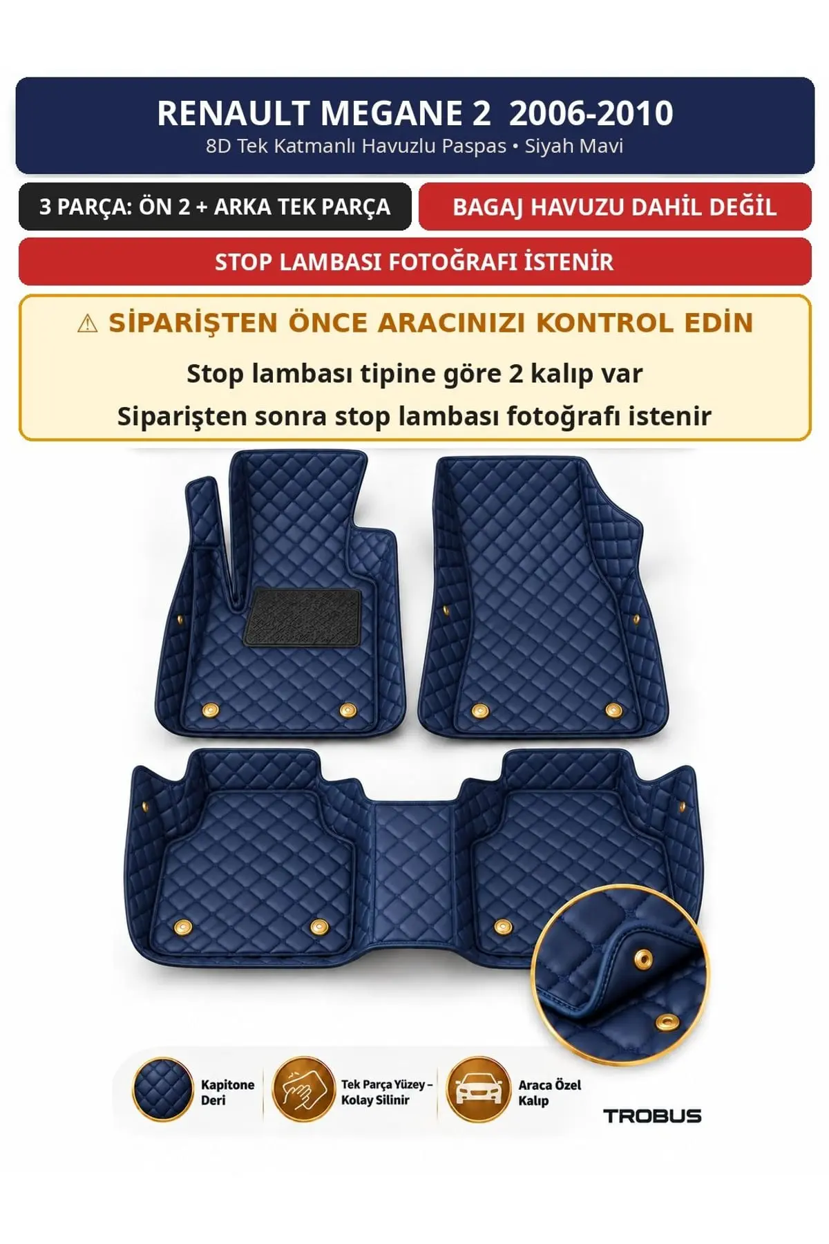 Renault Megane 2 2006-2010 8D Tek Katmanlı Havuzlu Paspas Kapitone Deri Siyah Mavi 1