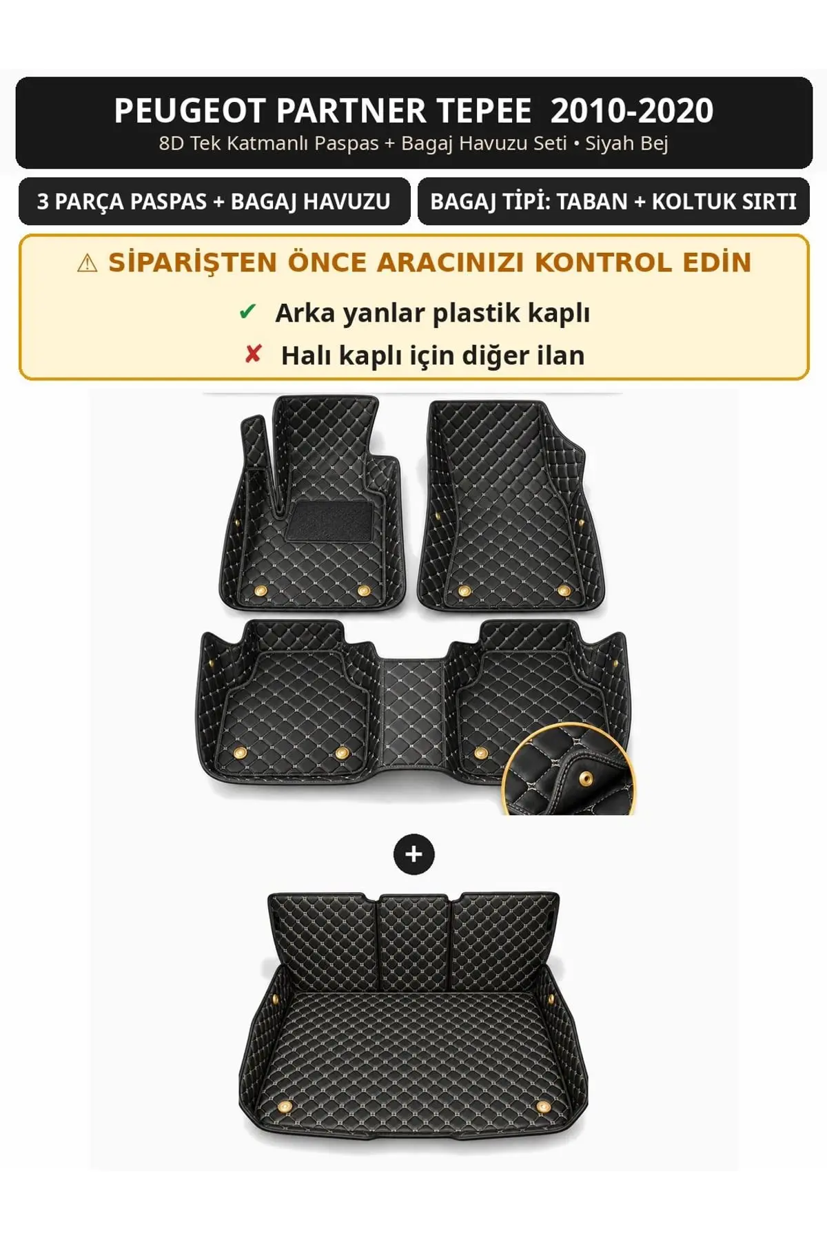 Peugeot Partner Tepee 2010-2020 Arka Yan Plastik 8D Tek Katmanlı Paspas + Bagaj Havuzu Seti Siyah Bej 1