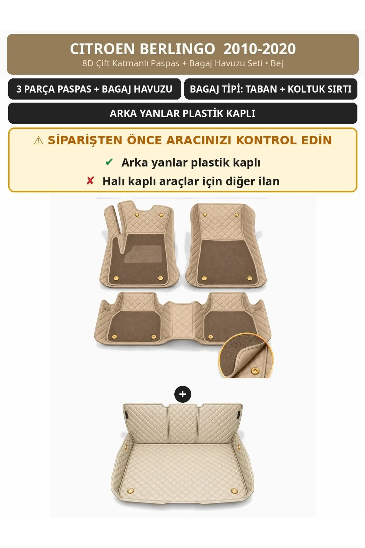 Citroen Berlingo 2010-2020 Arka Yan Plastik 8D Çift Katmanlı Paspas + Bagaj Havuzu Seti Bej 1
