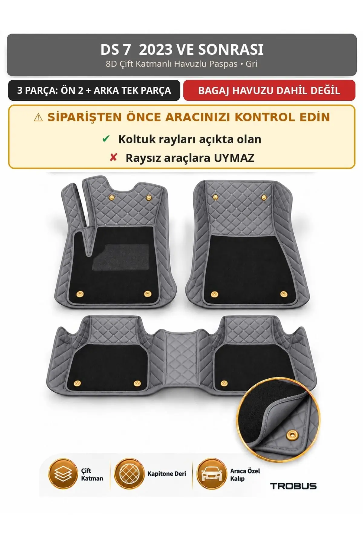 DS 7 2023+ 8D Çift Katmanlı Havuzlu Paspas Kapitone Deri Gri 1