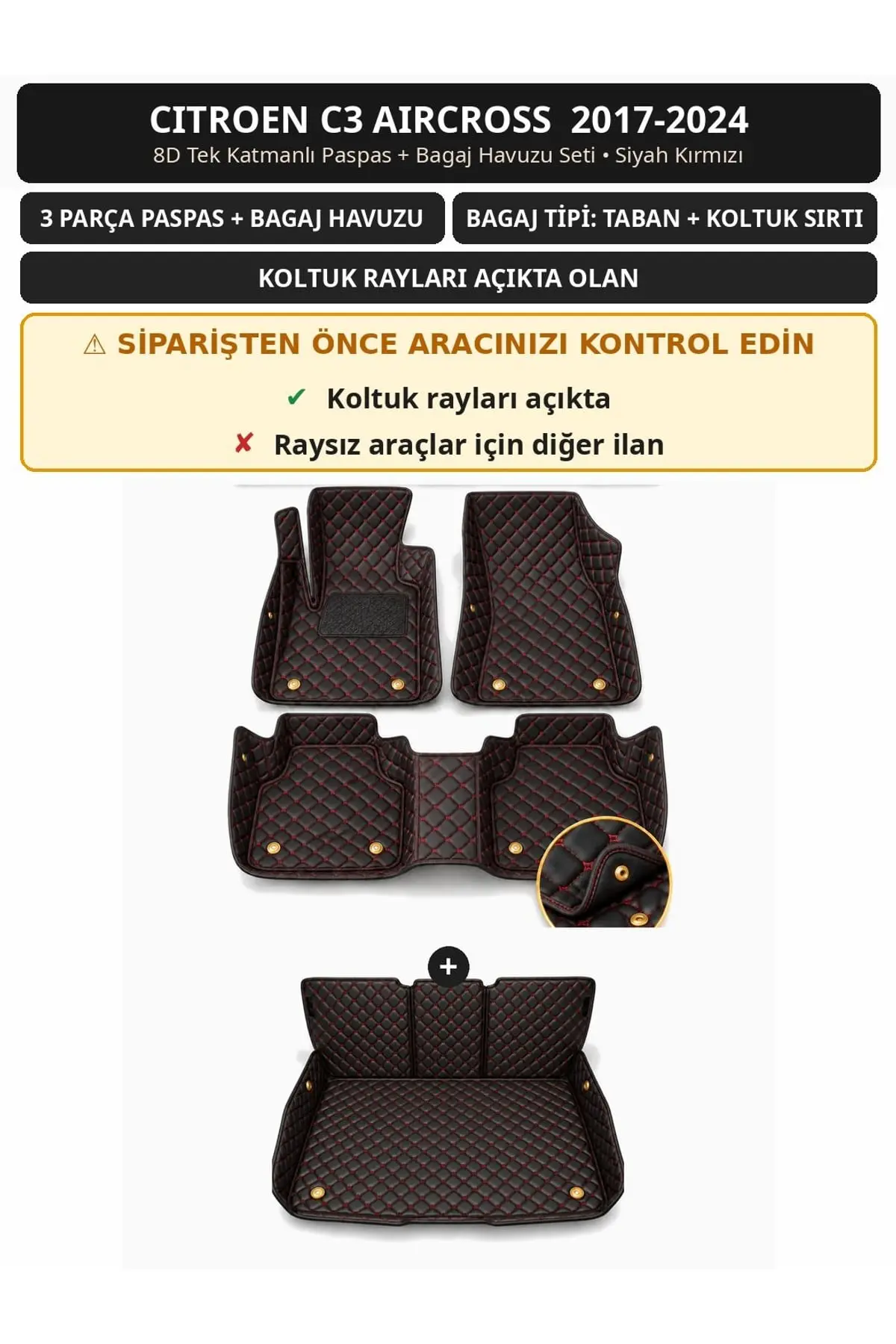 Citroen C3 Aircross 2017-2024 Koltuk Rayı Açık 8D Tek Katmanlı Paspas + Bagaj Havuzu Seti Siyah Kırmızı 1
