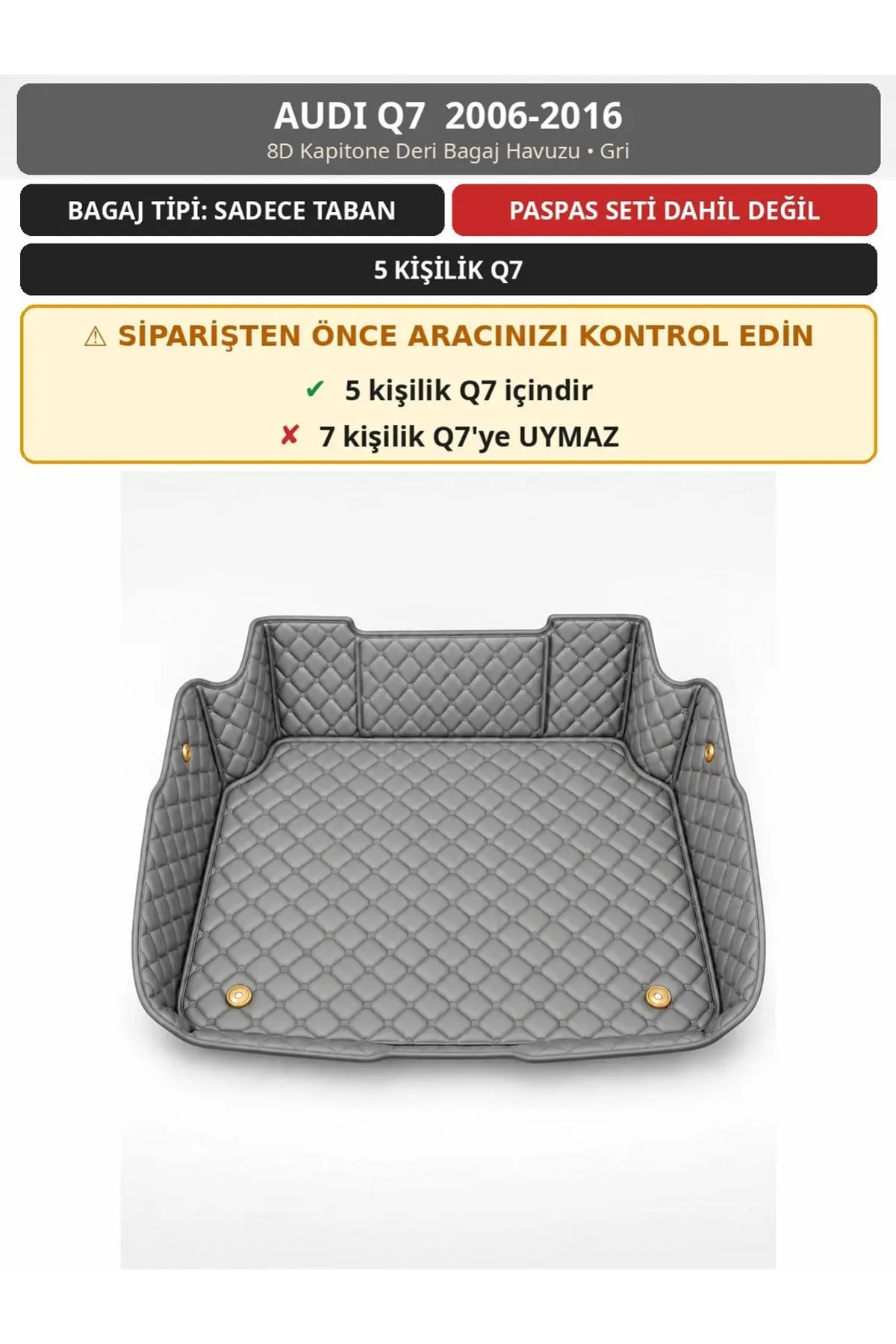 Audi Q7 2006-2016 5 Kişilik 8D Kapitone Deri Bagaj Havuzu Gri 1