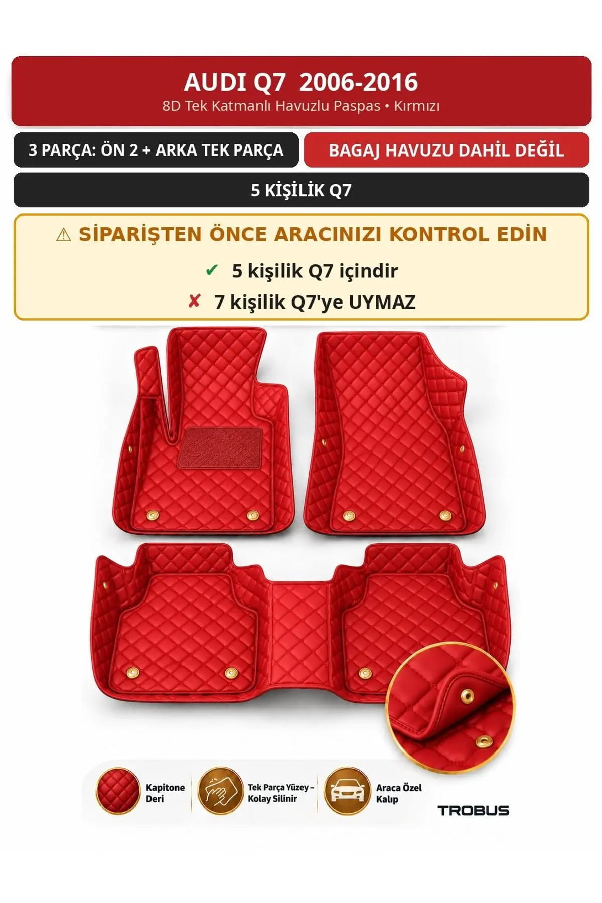 Audi Q7 2006-2016 5 Kişilik 8D Tek Katmanlı Havuzlu Paspas Kapitone Deri Kırmızı 1