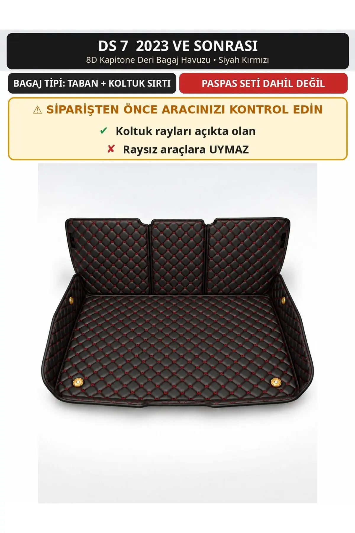 DS 7 2023+ 8D Kapitone Deri Bagaj Havuzu Sırt Kaplamalı Siyah Kırmızı 1