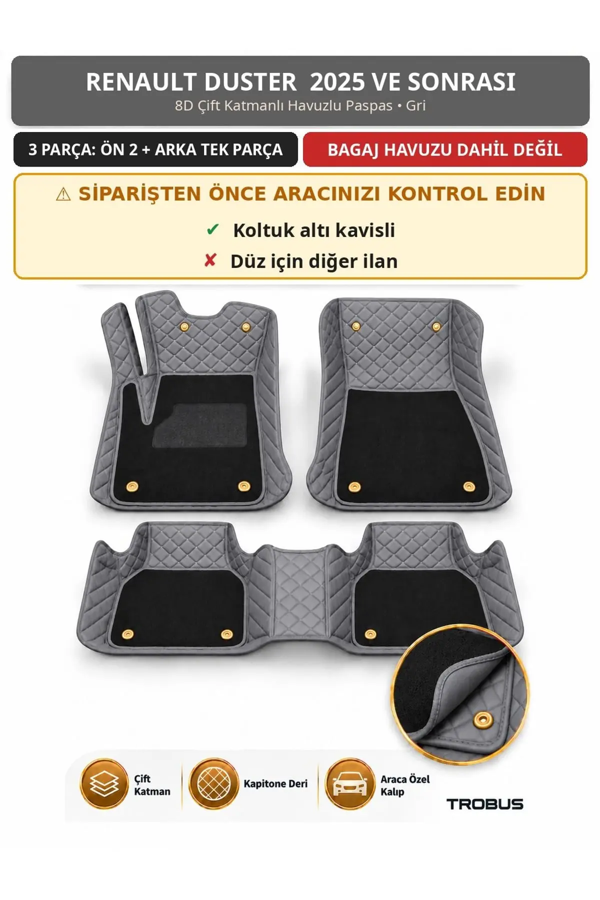 Renault Duster 2025+ Kavisli Koltuk Altı 8D Çift Katmanlı Havuzlu Paspas Kapitone Deri Gri 1