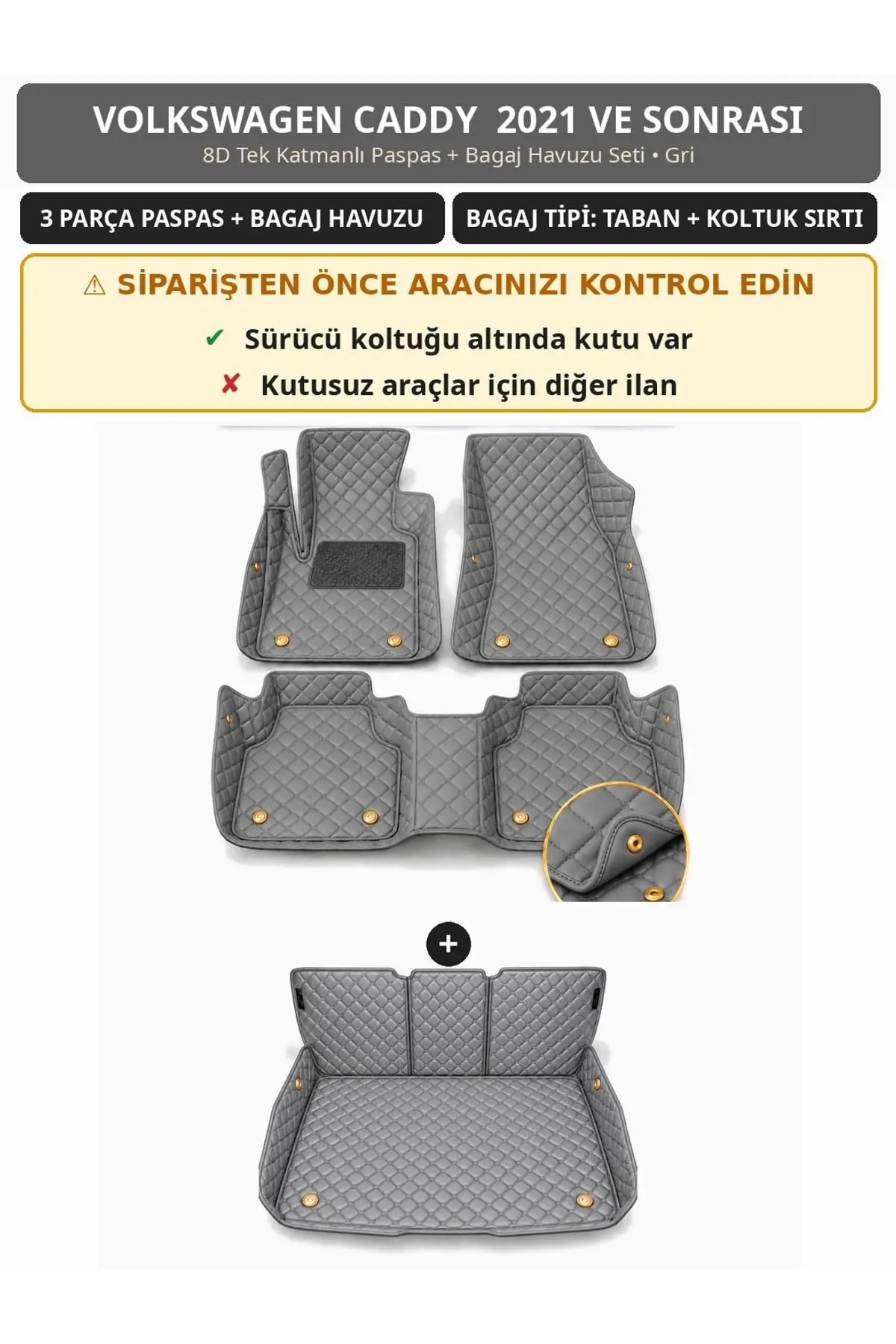 Volkswagen Caddy 2021+ Sürücü Altı Kutulu 8D Tek Katmanlı Paspas + Bagaj Havuzu Seti Gri 1