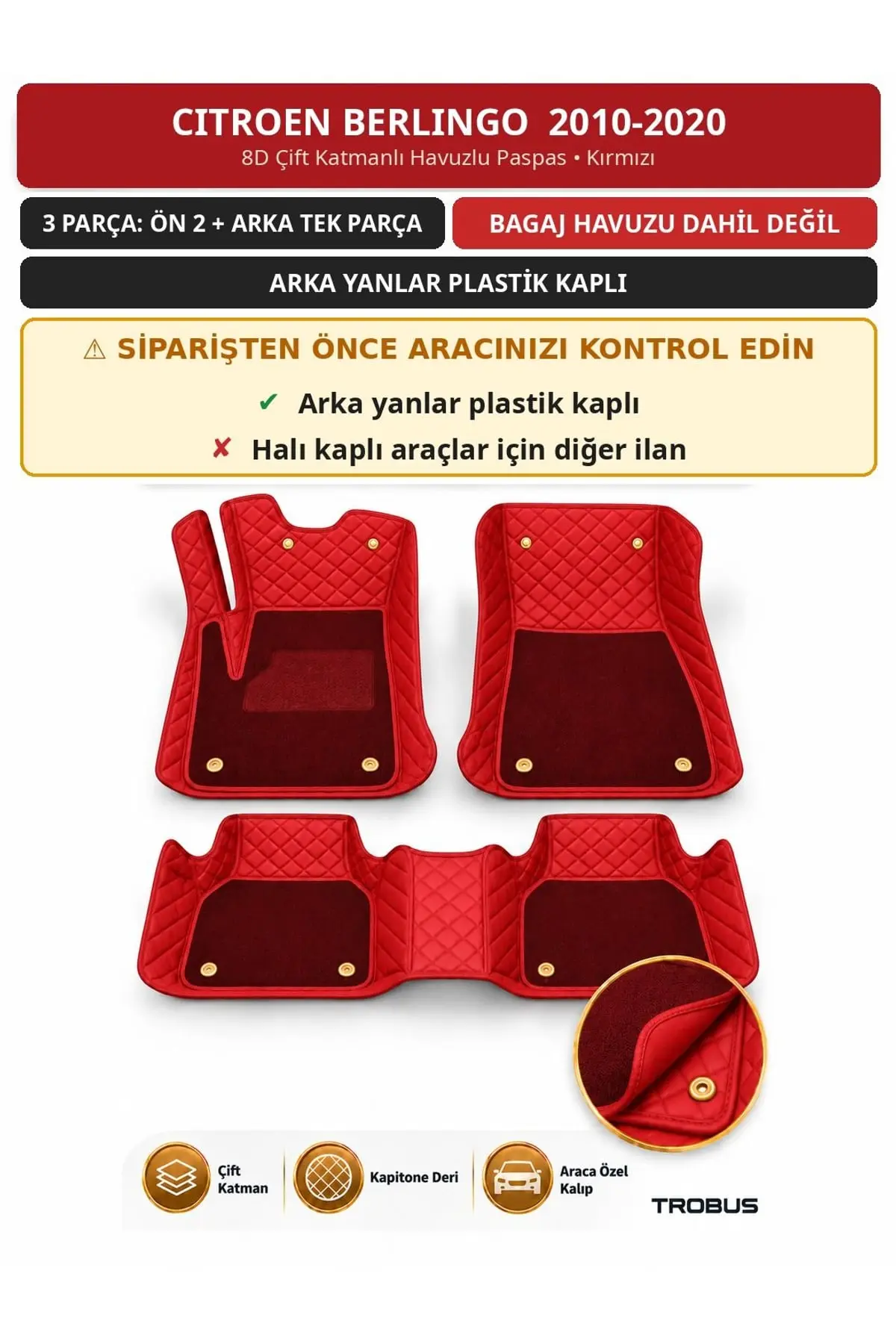 Citroen Berlingo 2010-2020 Arka Yan Plastik 8D Çift Katmanlı Havuzlu Paspas Deri Kırmızı 1