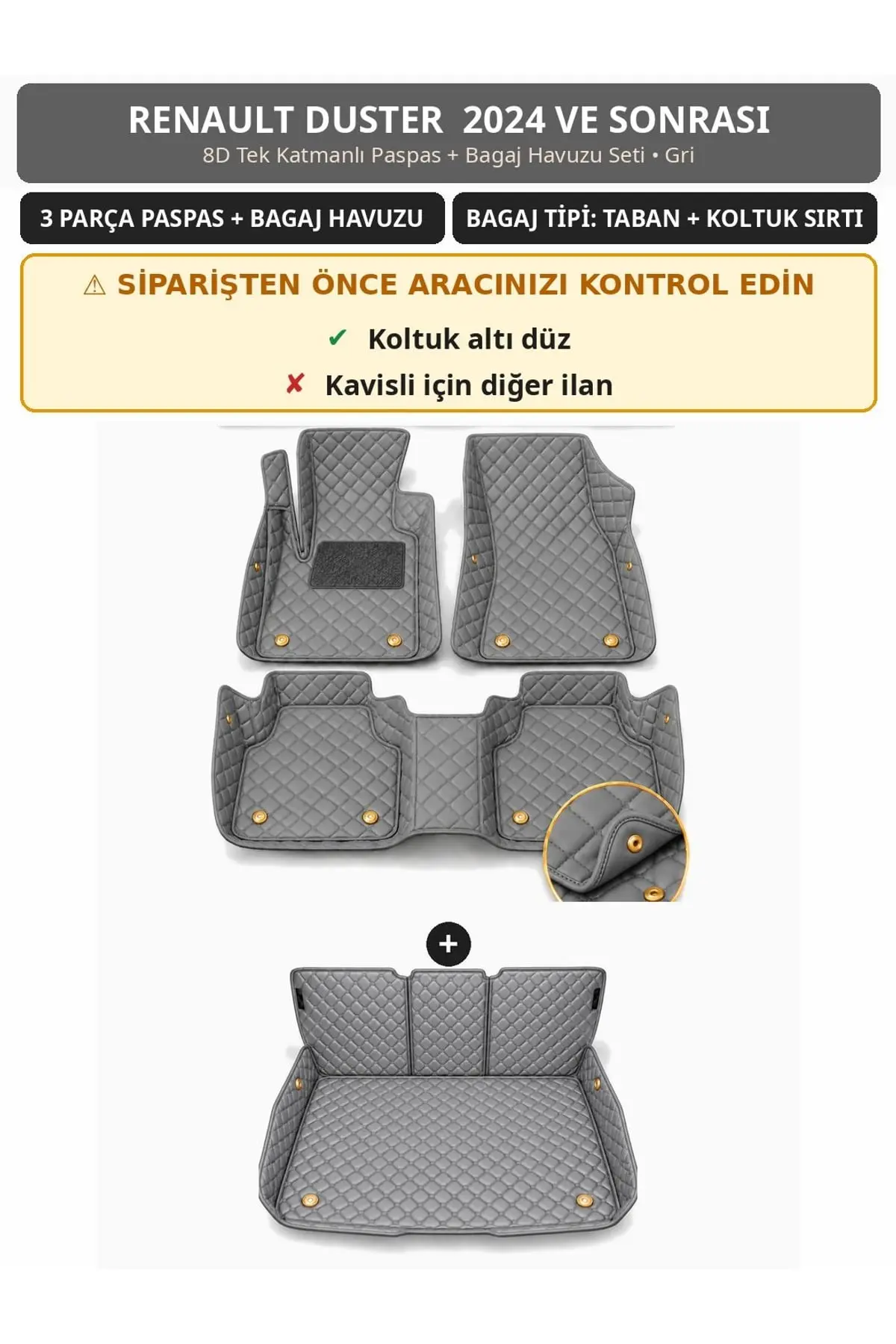Renault Duster 2024+ Düz Koltuk Altı 8D Tek Katmanlı Paspas + Bagaj Havuzu Seti Gri 1