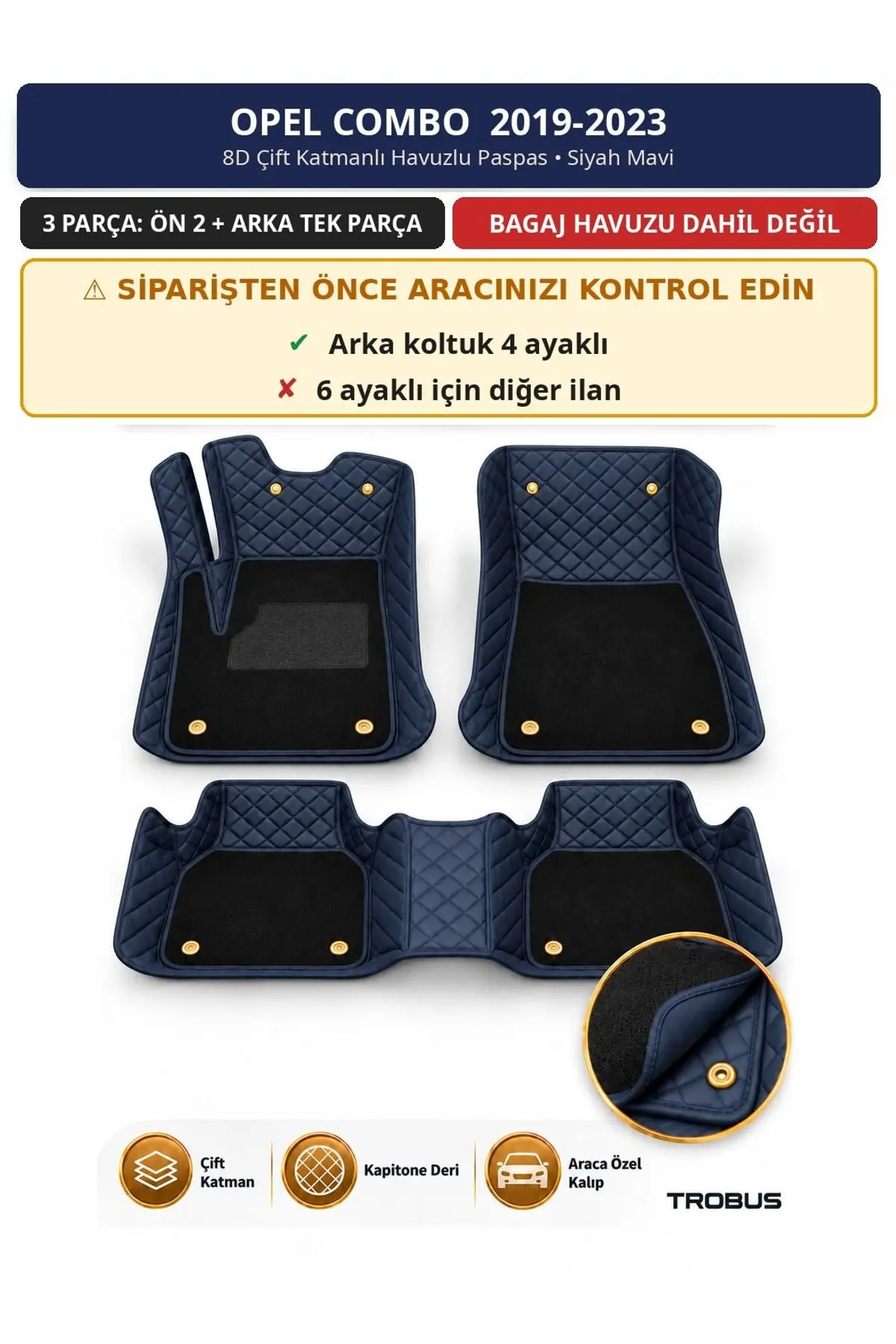 Opel Combo 2019-2023 4 Ayaklı Arka Koltuk 8D Çift Katmanlı Havuzlu Paspas Deri Siyah Mavi 1