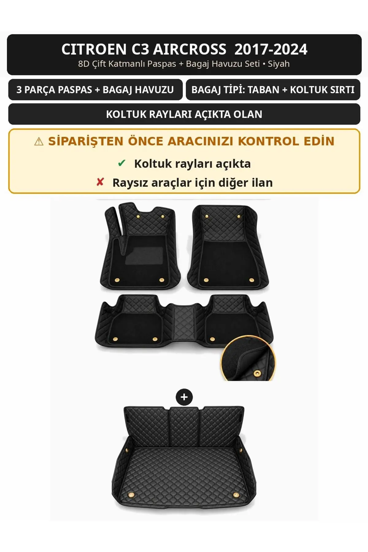 Citroen C3 Aircross 2017-2024 Koltuk Rayı Açık 8D Çift Katmanlı Paspas + Bagaj Havuzu Seti Siyah 1