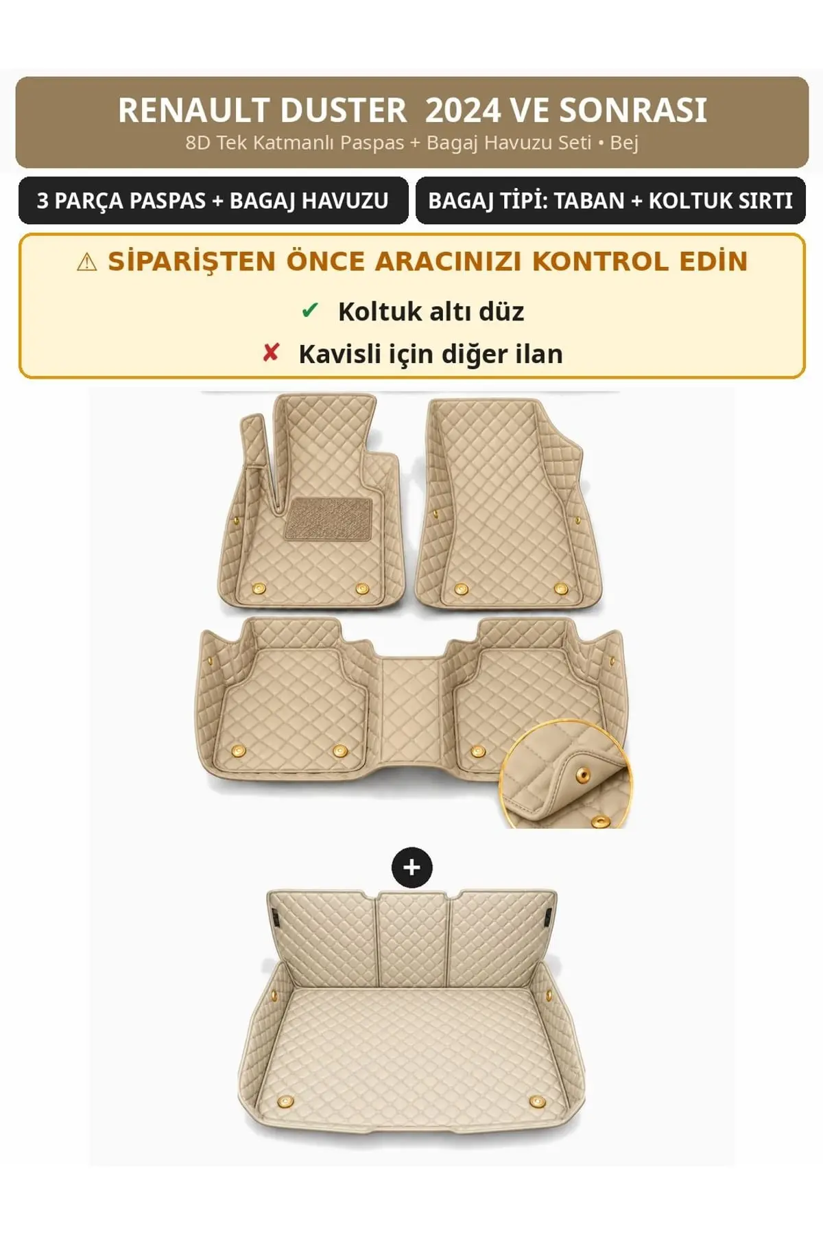 Renault Duster 2024+ Düz Koltuk Altı 8D Tek Katmanlı Paspas + Bagaj Havuzu Seti Bej 1