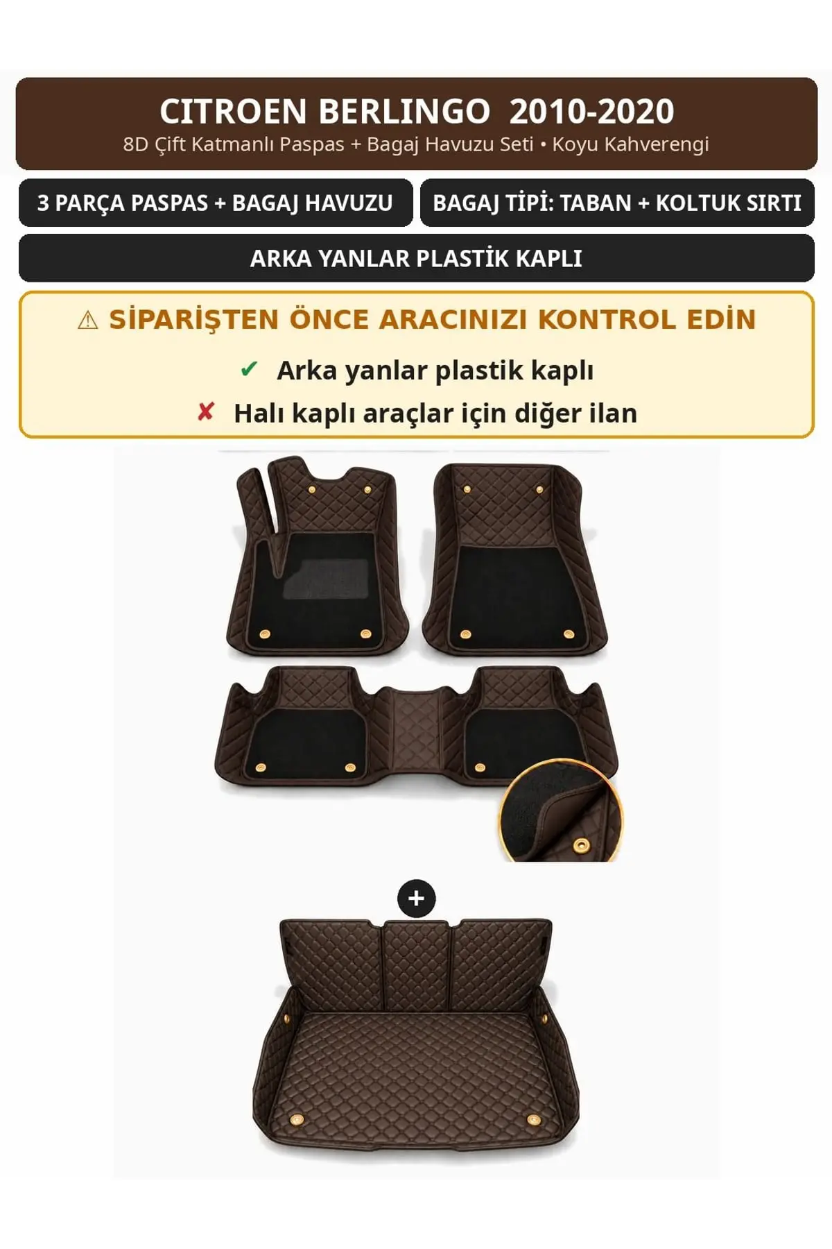 Citroen Berlingo 2010-2020 Arka Yan Plastik 8D Çift Katmanlı Paspas + Bagaj Havuzu Seti Koyu Kahverengi 1