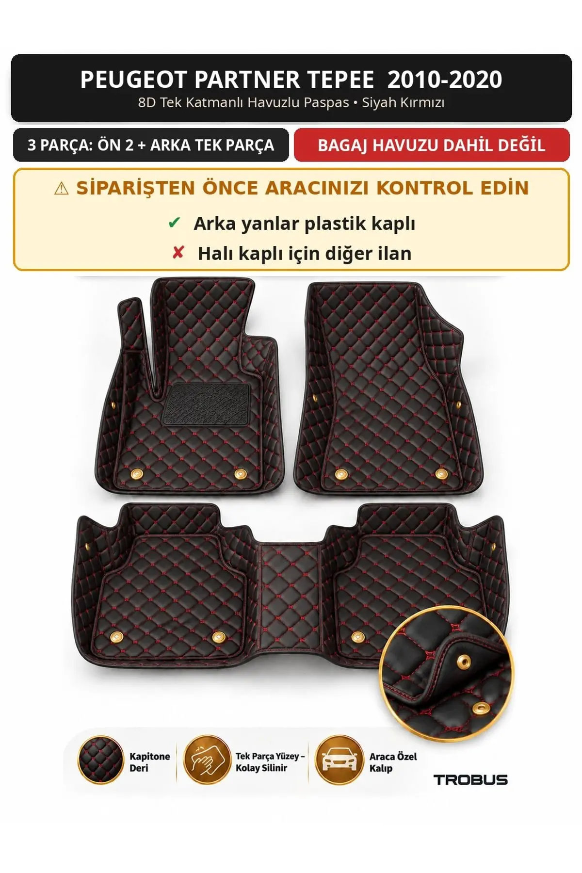 Peugeot Partner Tepee 2010-2020 Arka Yan Plastik 8D Tek Katmanlı Paspas Deri Siyah Kırmızı 1