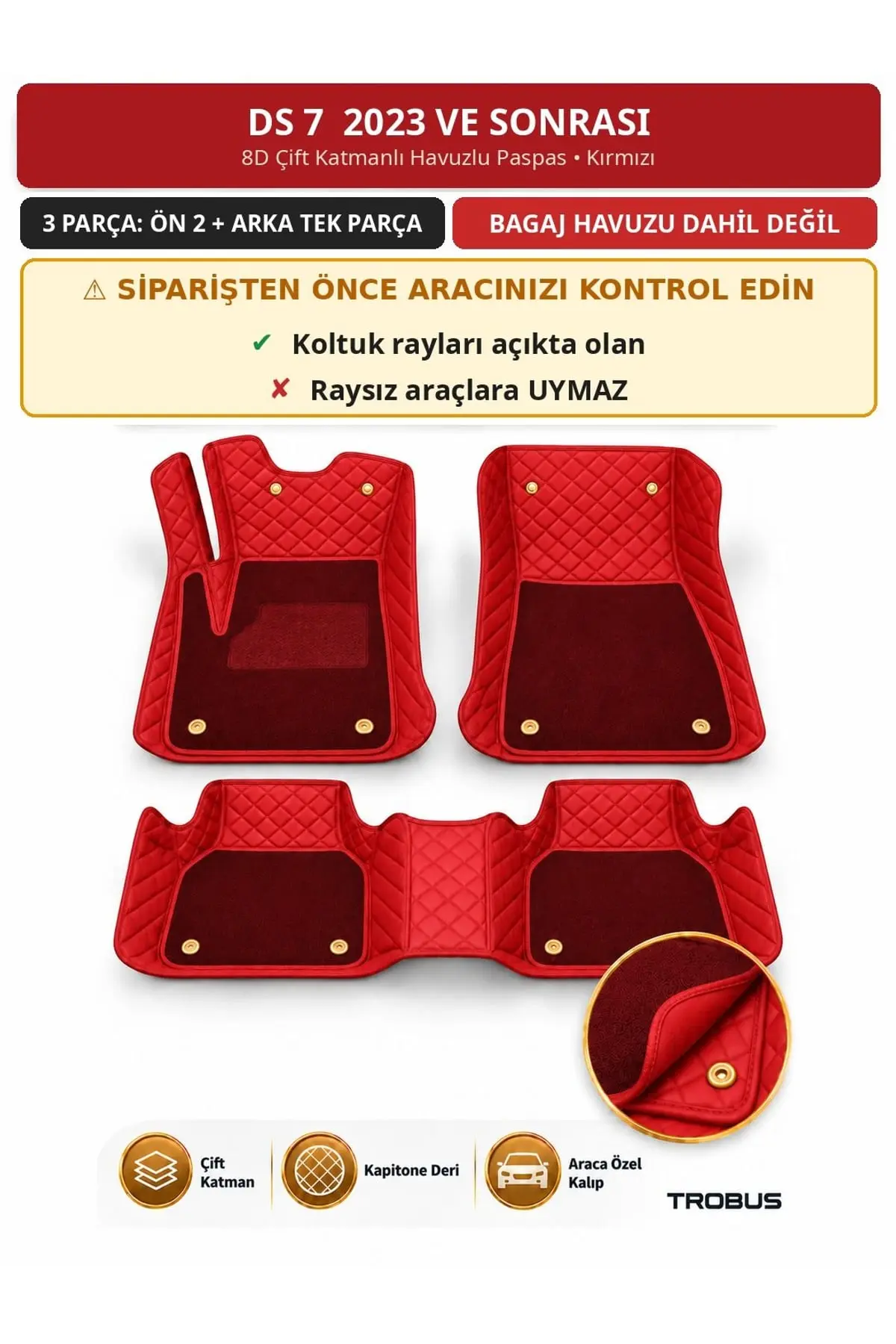 DS 7 2023+ 8D Çift Katmanlı Havuzlu Paspas Kapitone Deri Kırmızı 1