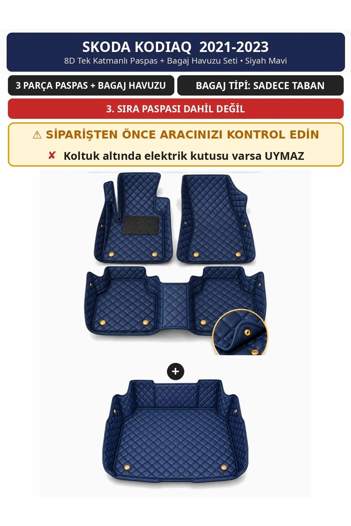 Skoda Kodiaq 2021-2023 7 Kişilik 8D Tek Katmanlı Paspas + Bagaj Havuzu Seti Siyah Mavi 1