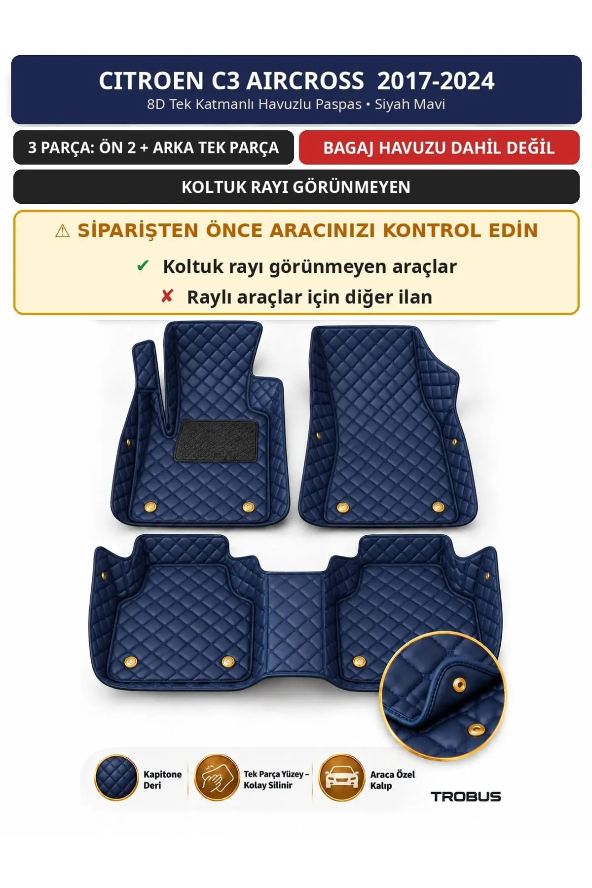 Citroen C3 Aircross 2017-2024 Koltuk Rayı Kapalı 8D Tek Katmanlı Paspas Deri Siyah Mavi 1