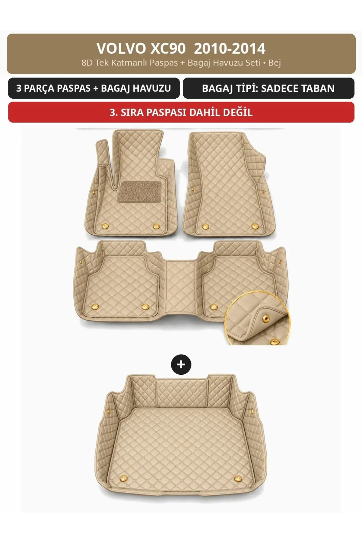 Volvo XC90 2010-2014 8D Tek Katmanlı Paspas + Bagaj Havuzu Seti Bej 1