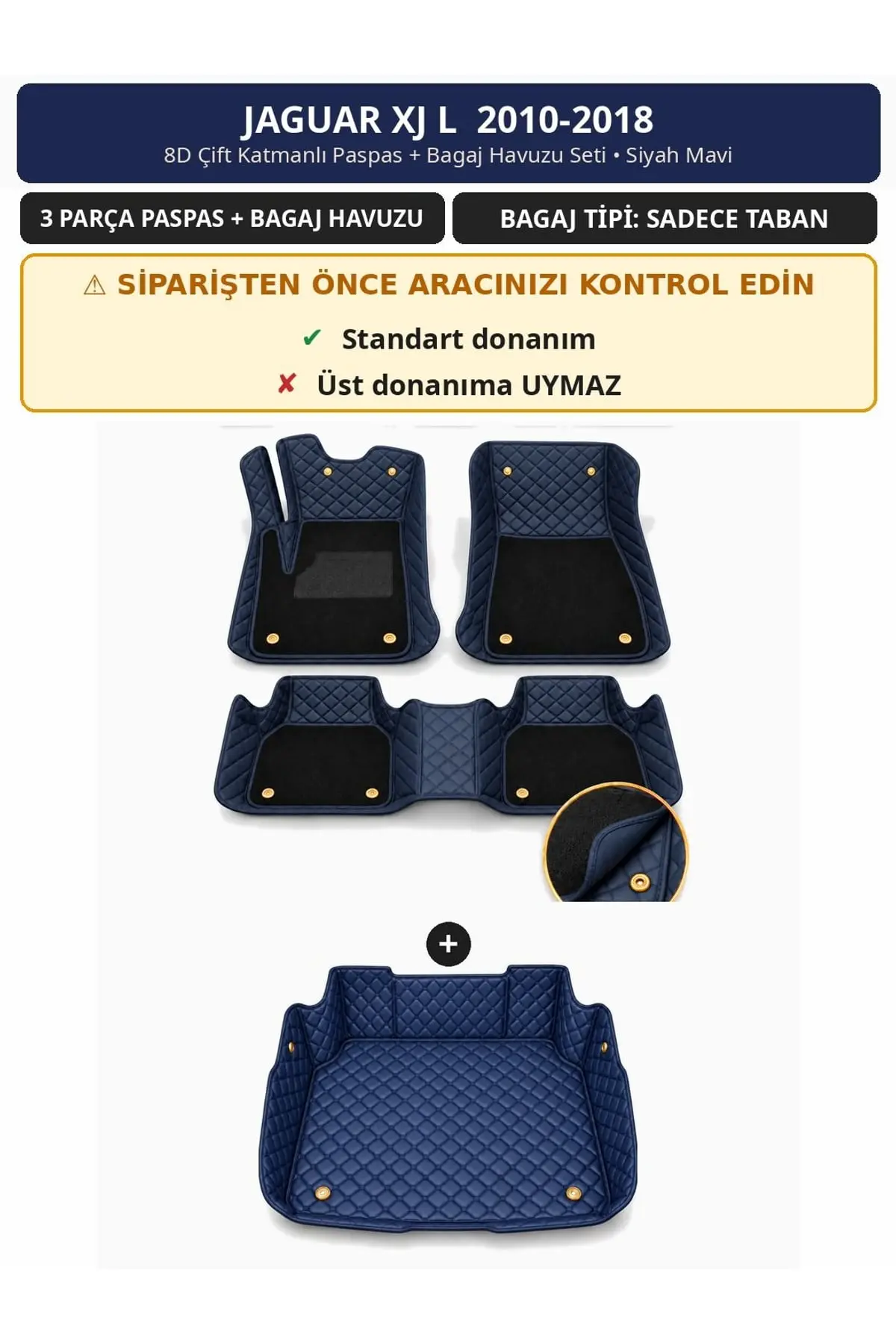 Jaguar XJ L 2010-2018 8D Çift Katmanlı Paspas + Bagaj Havuzu Seti Siyah Mavi 1