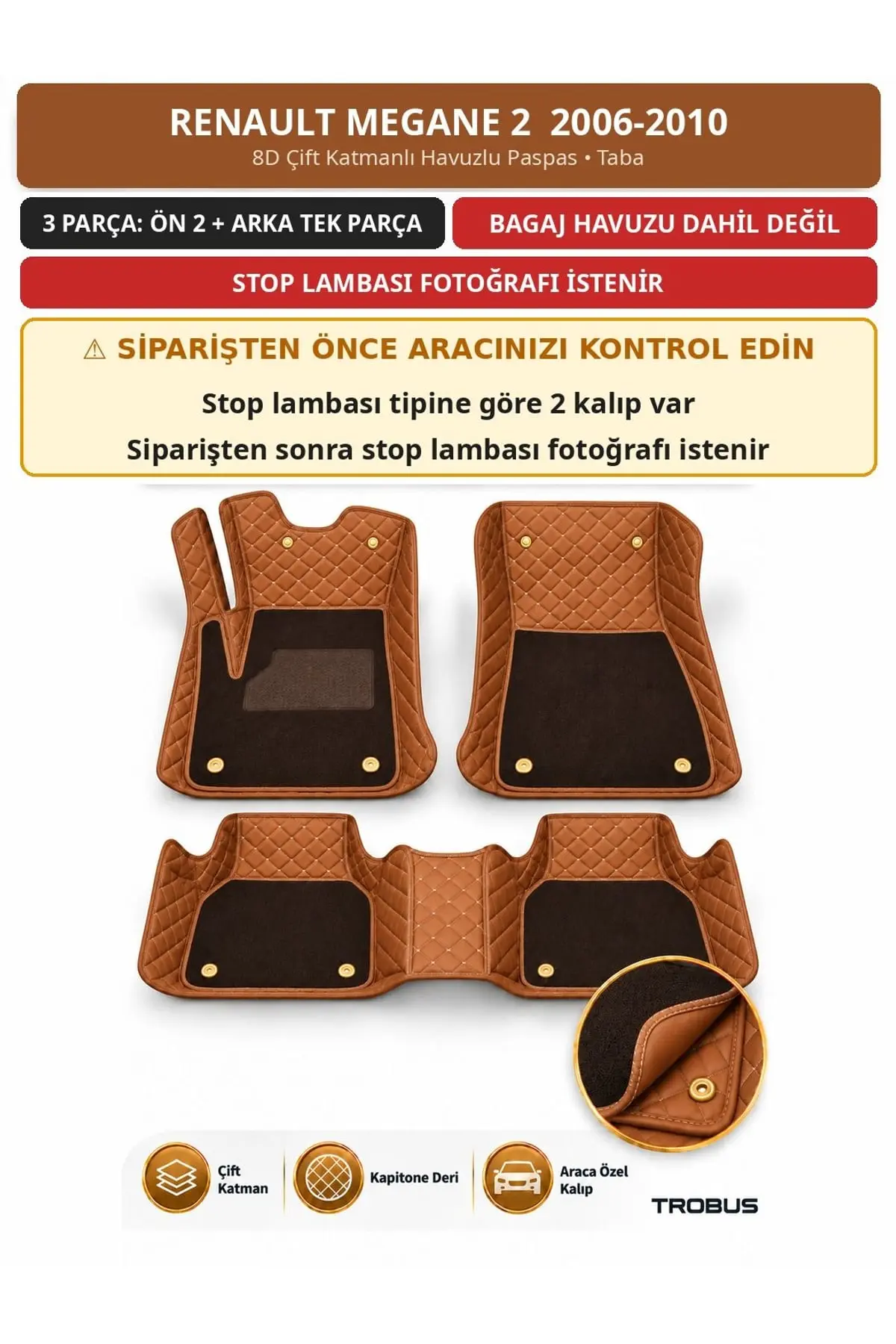 Renault Megane 2 2006-2010 8D Çift Katmanlı Havuzlu Paspas Kapitone Deri Taba 1