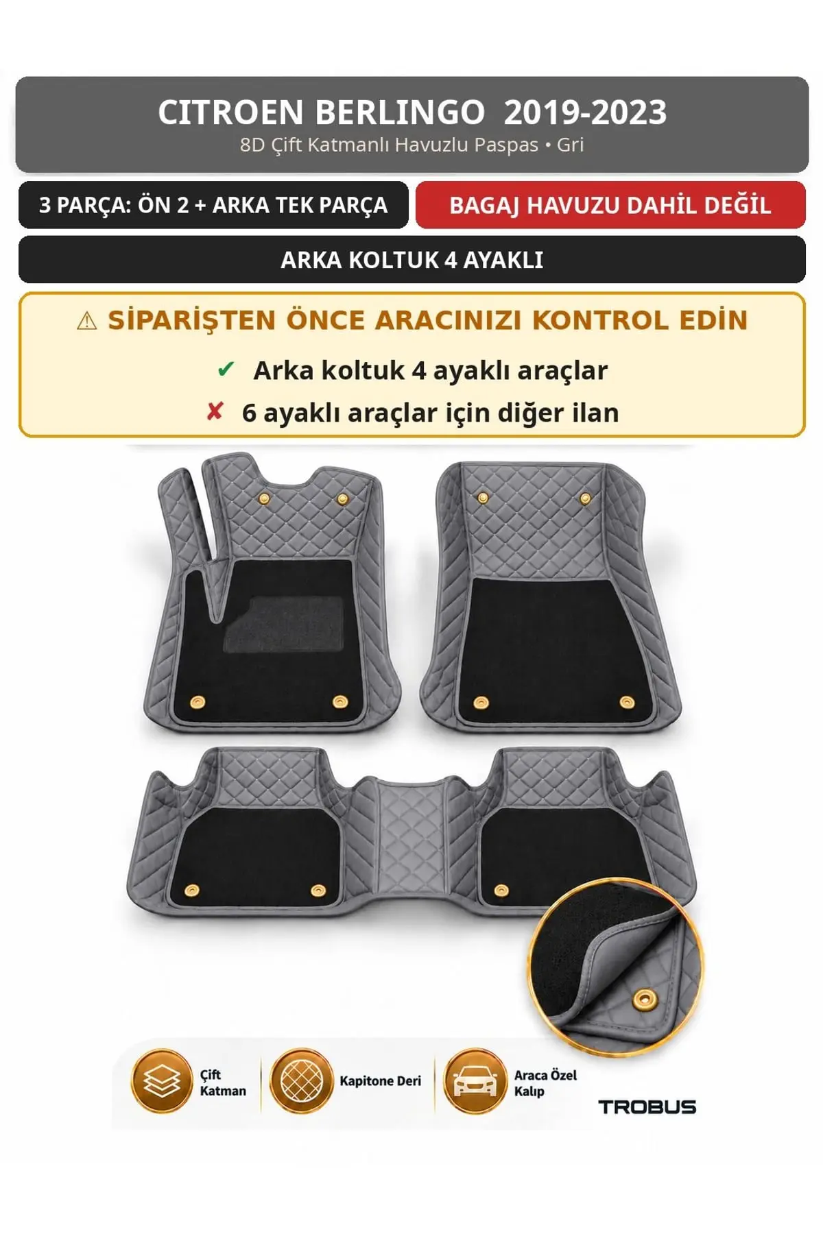 Citroen Berlingo 2019-2023 4 Ayaklı Arka Koltuk 8D Çift Katmanlı Havuzlu Paspas Deri Gri 1