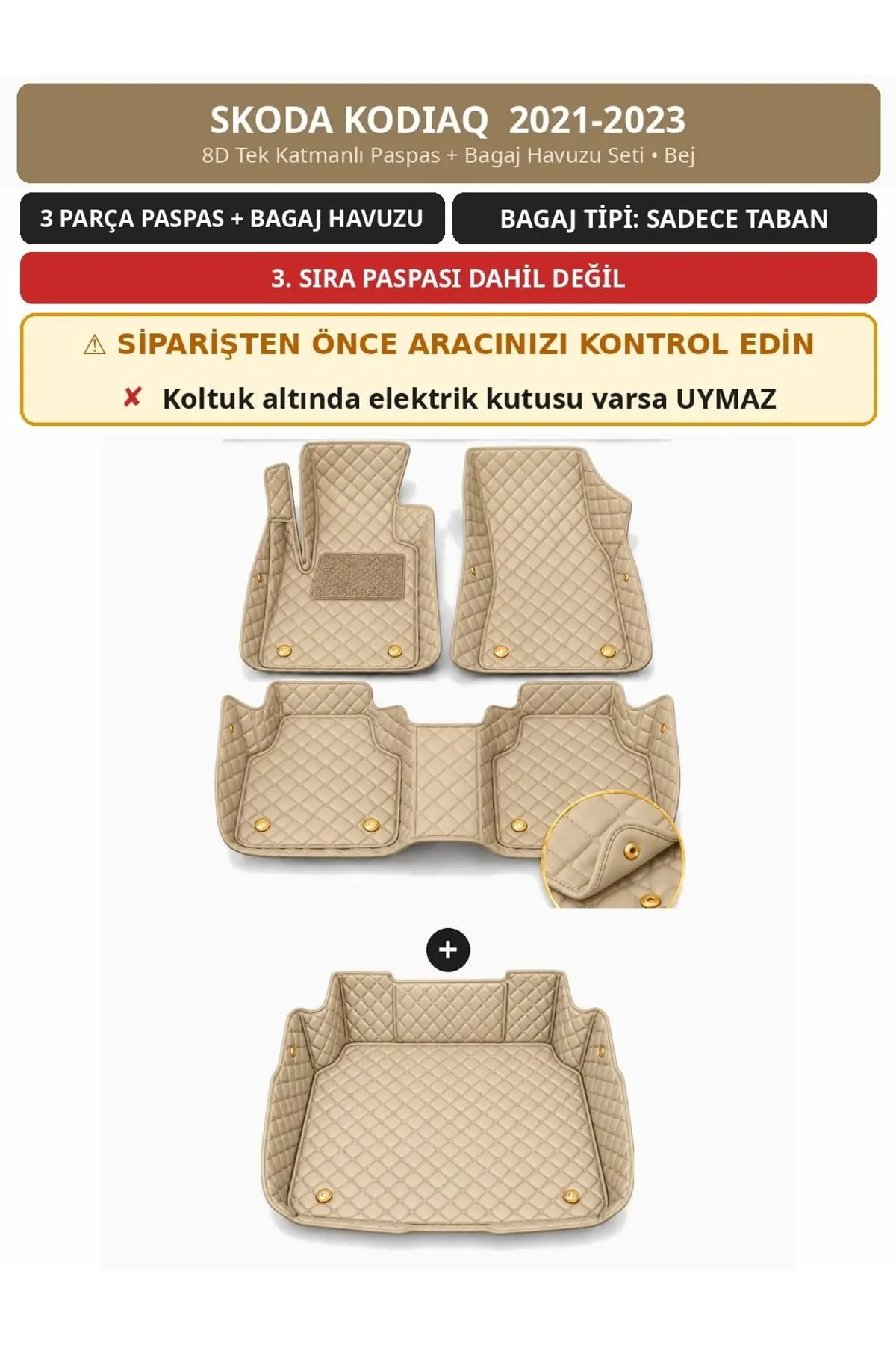 Skoda Kodiaq 2021-2023 7 Kişilik 8D Tek Katmanlı Paspas + Bagaj Havuzu Seti Bej 1