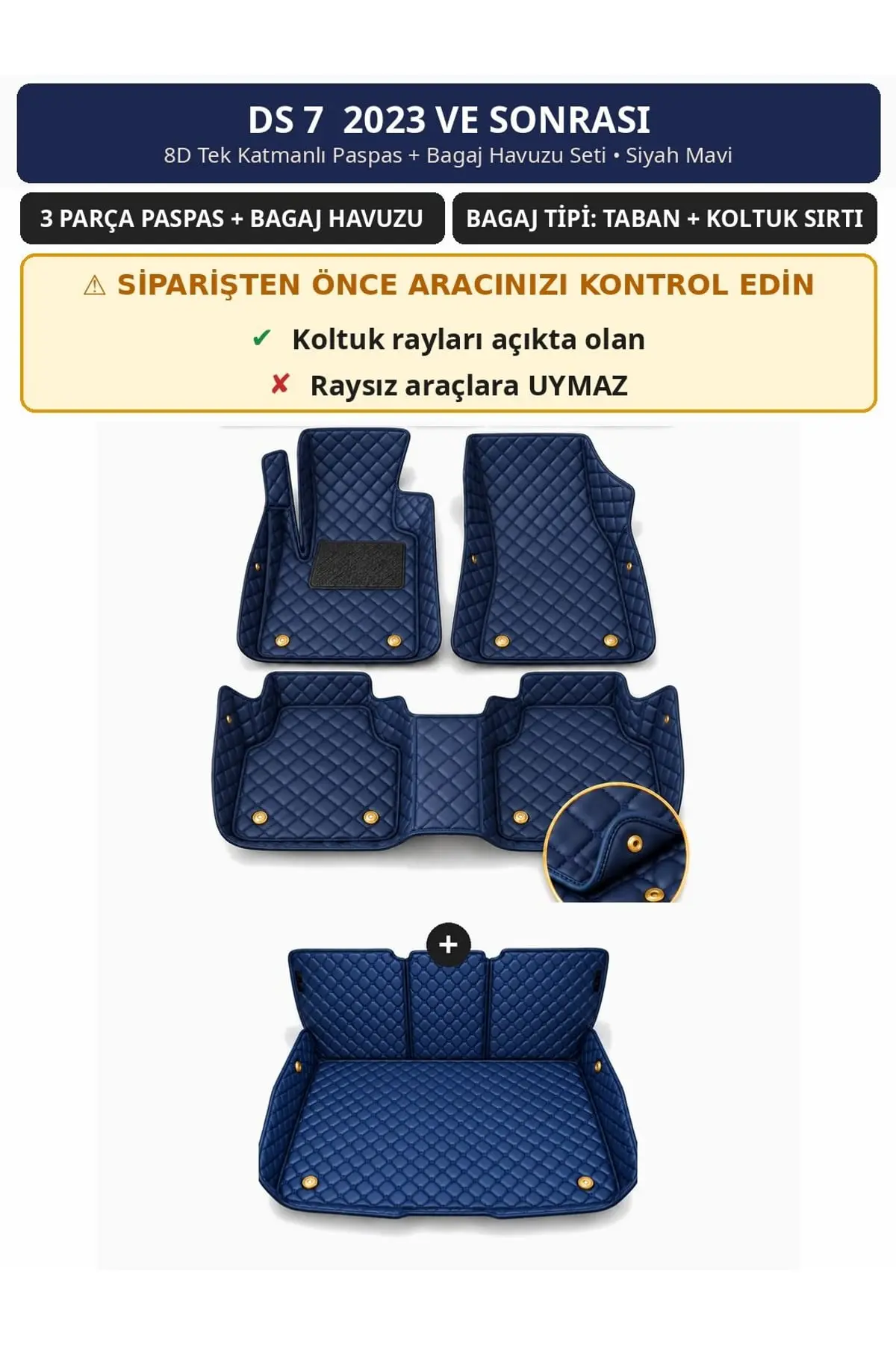 DS 7 2023+ 8D Tek Katmanlı Paspas + Bagaj Havuzu Seti Siyah Mavi 1