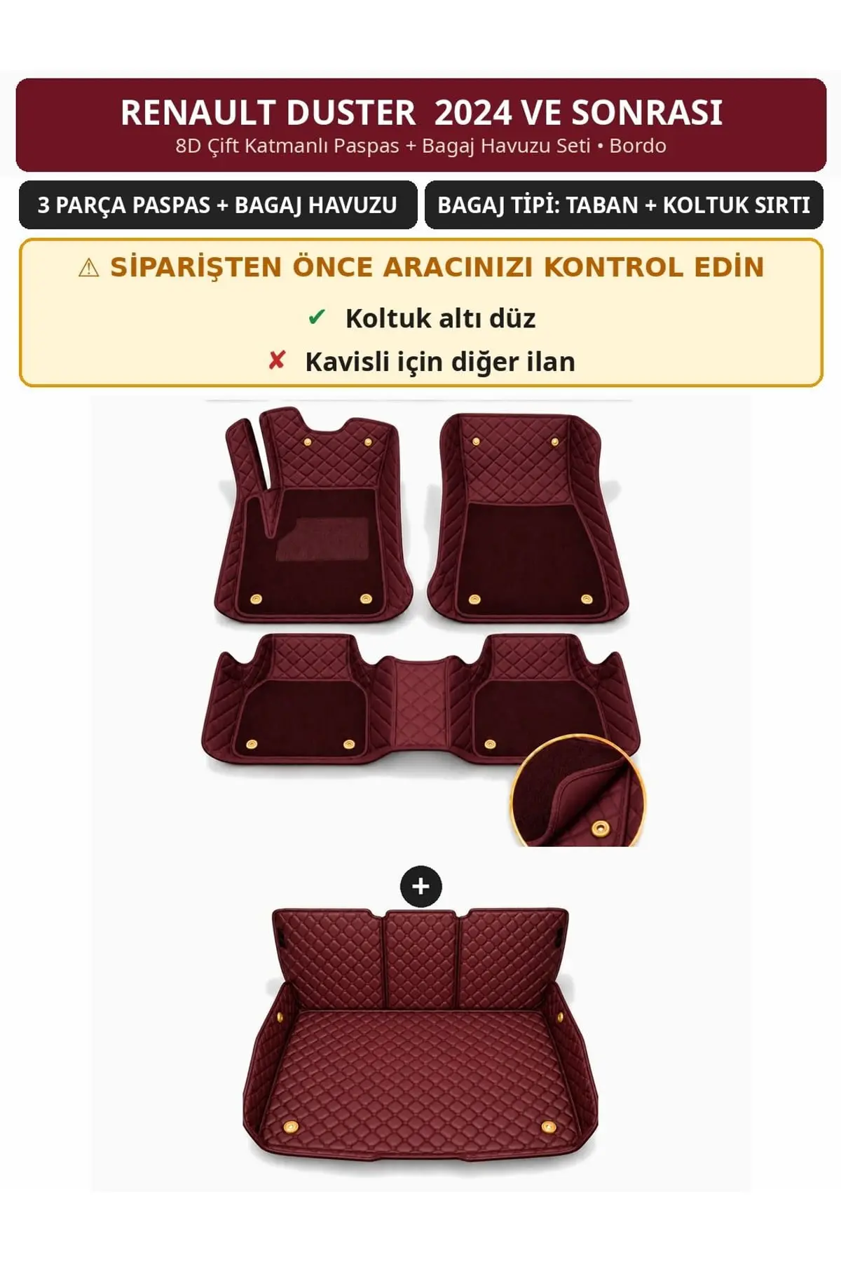Renault Duster 2024+ Düz Koltuk Altı 8D Çift Katmanlı Paspas + Bagaj Havuzu Seti Bordo 1