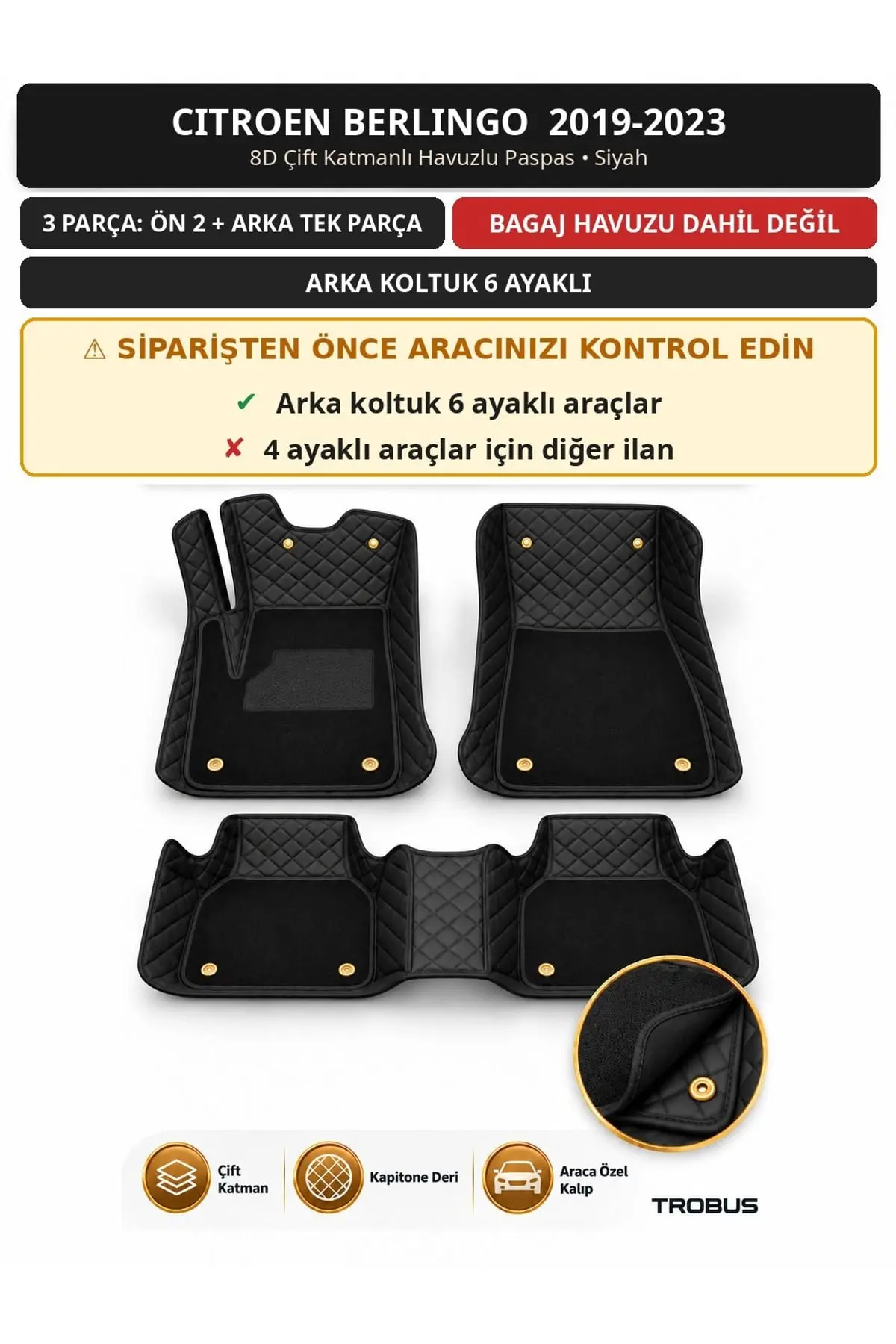 Citroen Berlingo 2019-2023 6 Ayaklı Arka Koltuk 8D Çift Katmanlı Havuzlu Paspas Deri Siyah 1