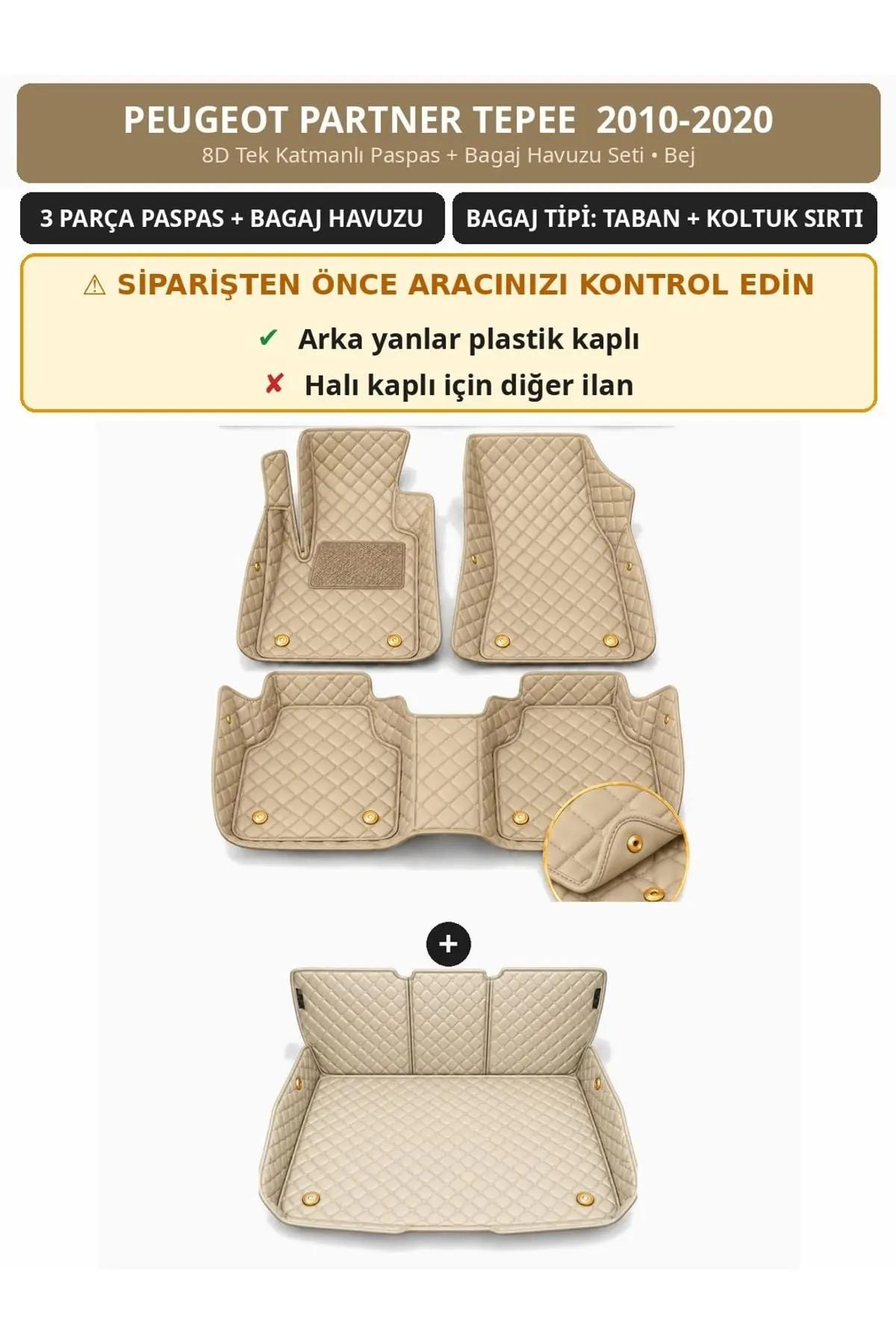 Peugeot Partner Tepee 2010-2020 Arka Yan Plastik 8D Tek Katmanlı Paspas + Bagaj Havuzu Seti Bej 1