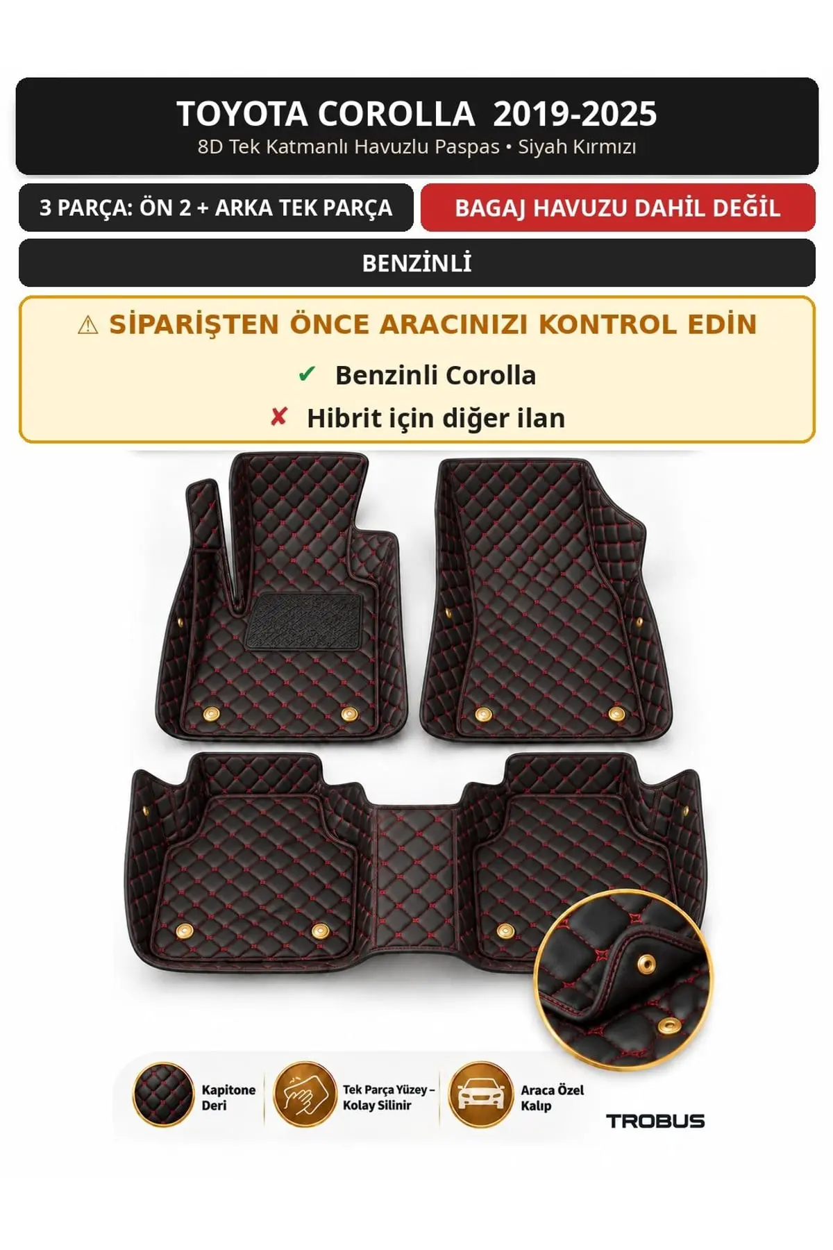 Toyota Corolla 2019-2025 Benzinli 8D Tek Katmanlı Havuzlu Paspas Kapitone Deri Siyah Kırmızı 1