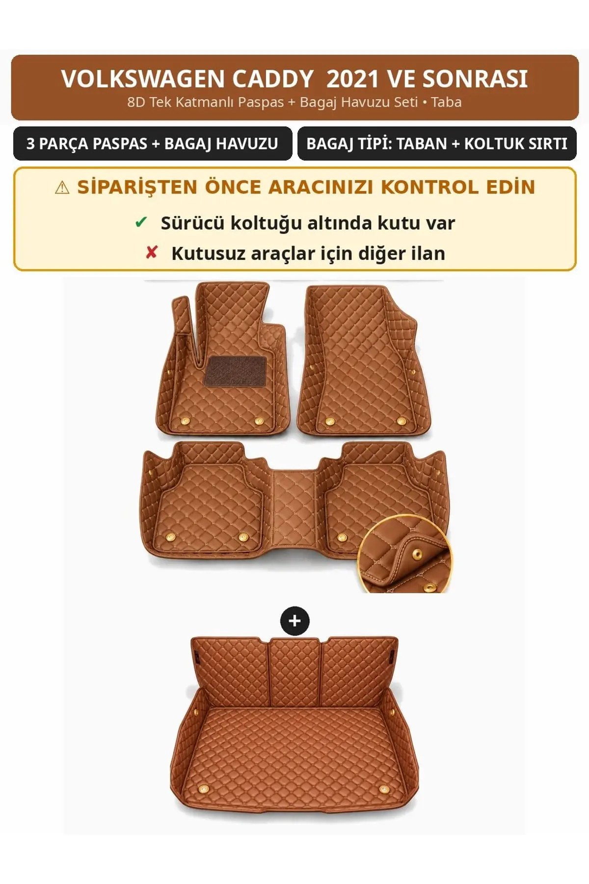 Volkswagen Caddy 2021+ Sürücü Altı Kutulu 8D Tek Katmanlı Paspas + Bagaj Havuzu Seti Taba 1